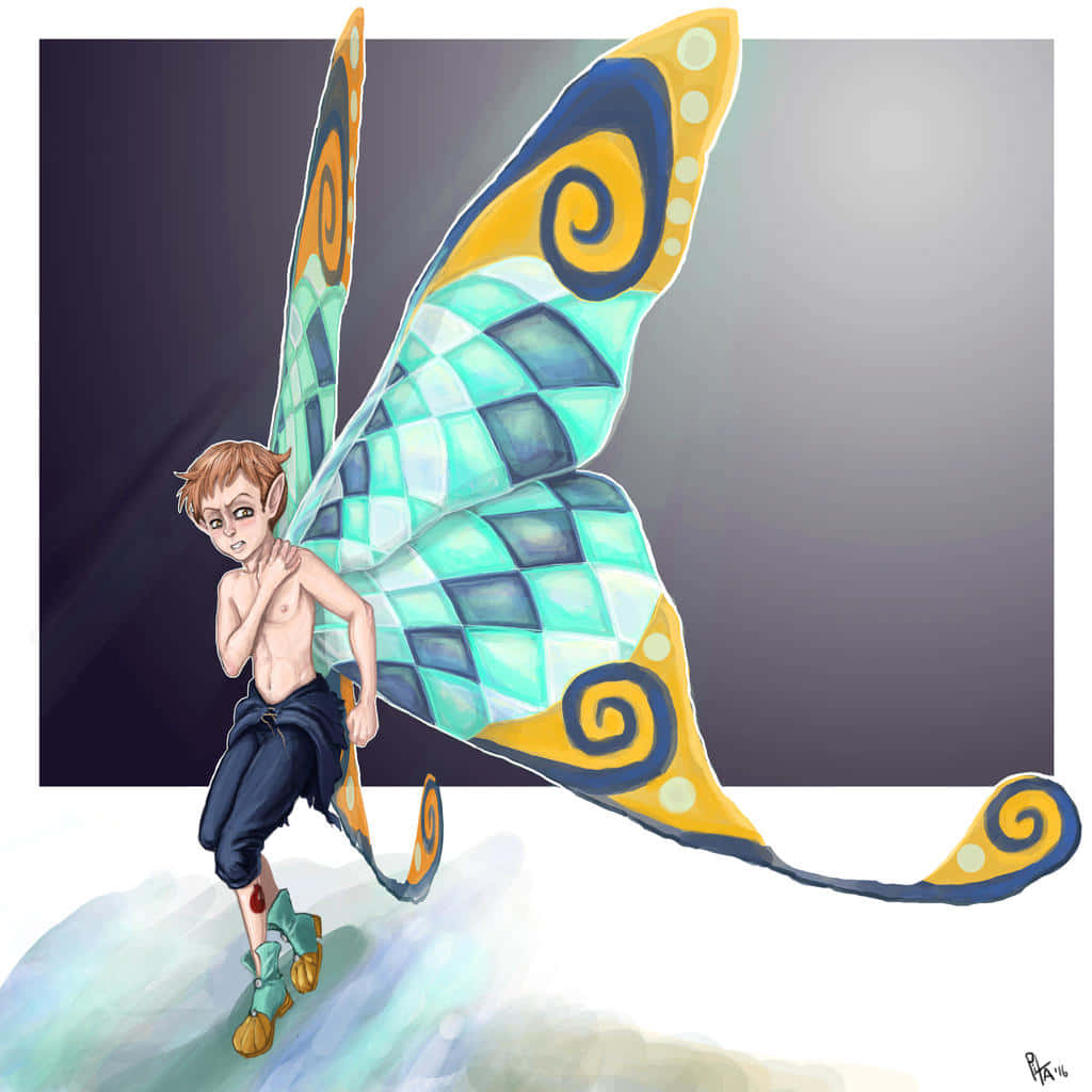 Seven Deadly Sins King 桌布 壁紙 — 一個赤裸上身的精靈男孩，擁有大型彩色蝴蝶翅膀，站在雲上，背景為深色漸變。