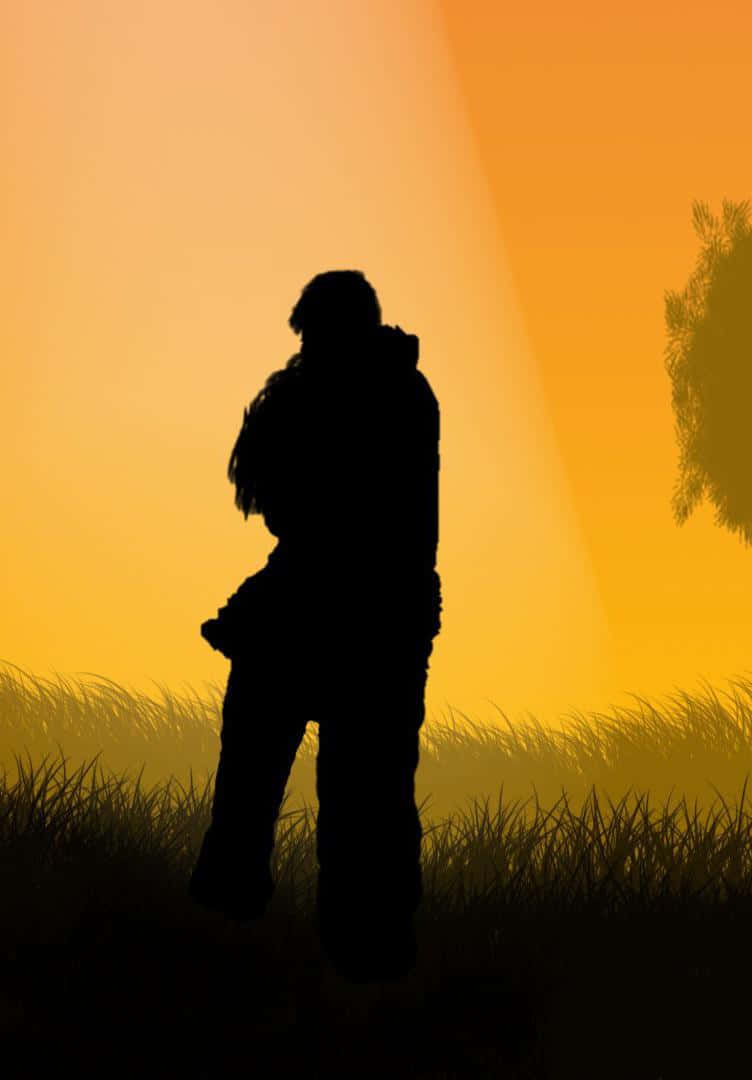 壁紙 — 一個人抱著孩子的剪影，站在高高的草叢中，背景是絢麗的橙色日落天空。