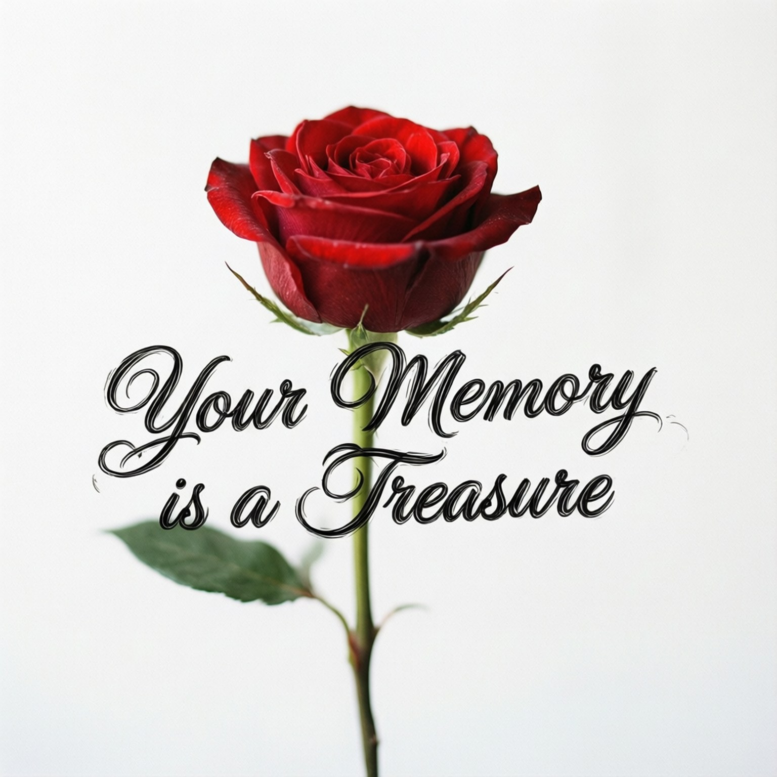 一朵紅玫瑰，以優雅字體寫上 'Your Memory is a Treasure' 字句。