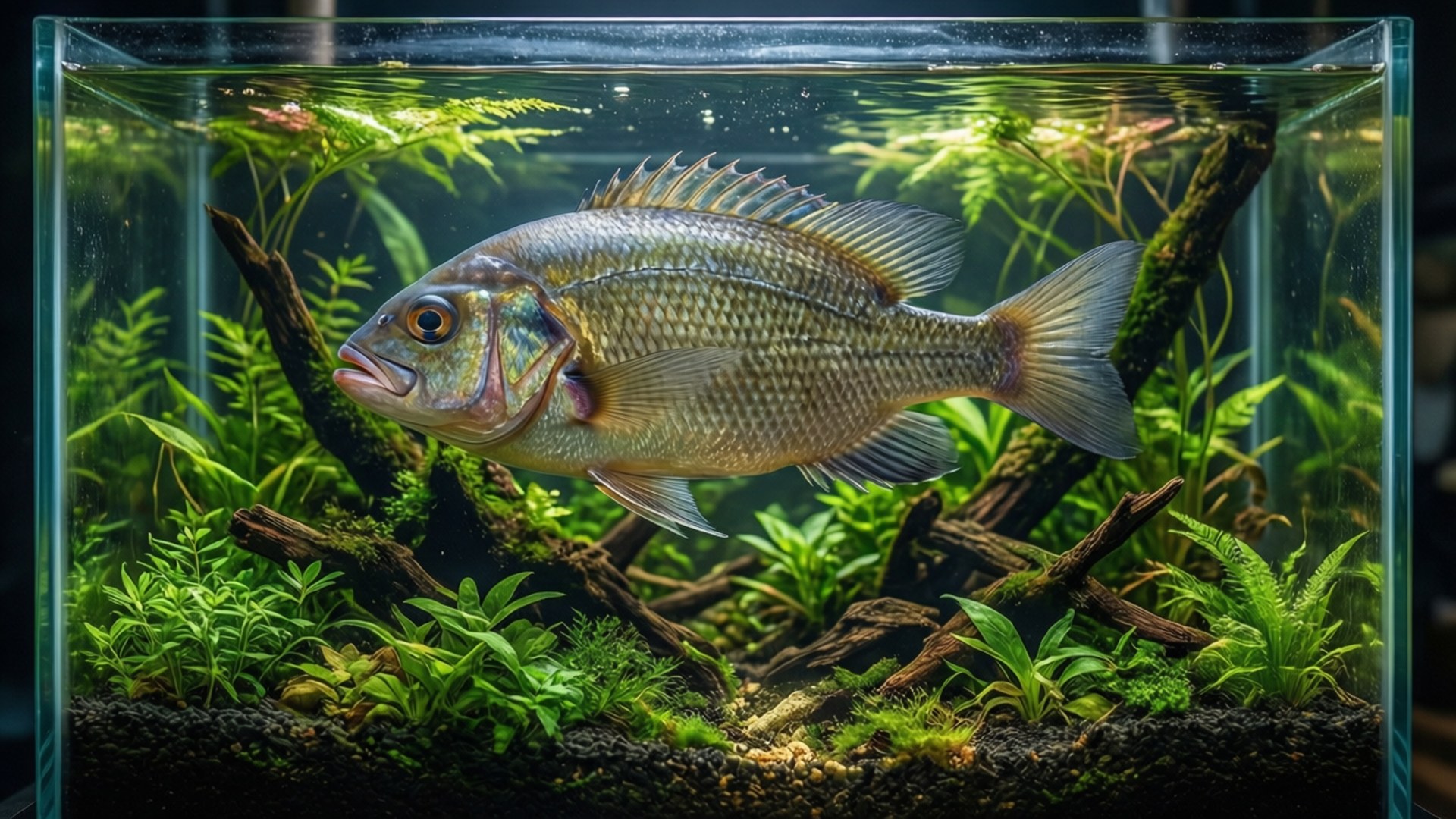 一條魚在一個有沉木和綠色植物的水族箱中游動。