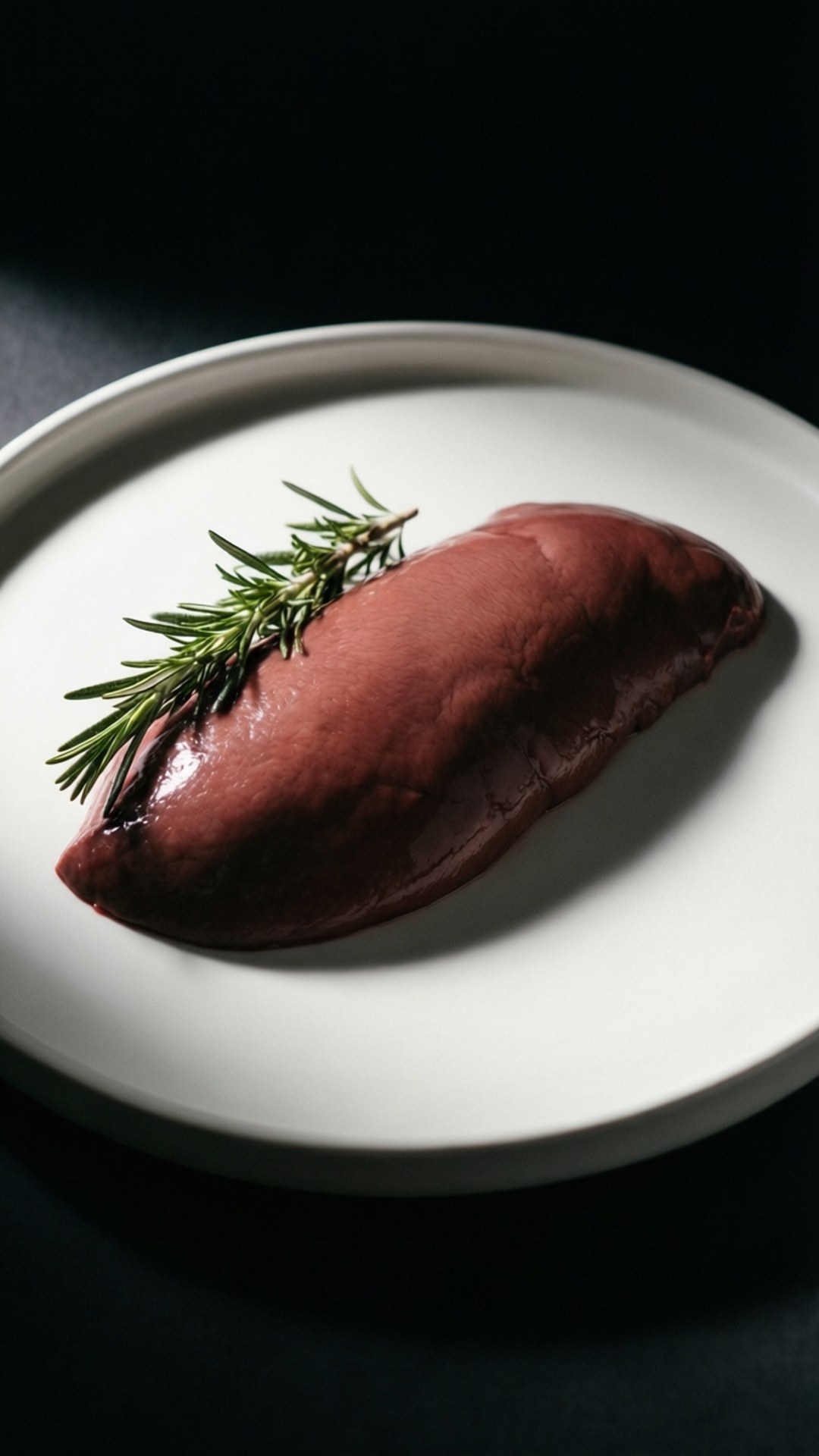 Liver 桌布 壁紙 — 一塊生肝在戲劇性燈光下閃閃發光，旁邊放著一枝迷迭香，置於簡約白色碟上。