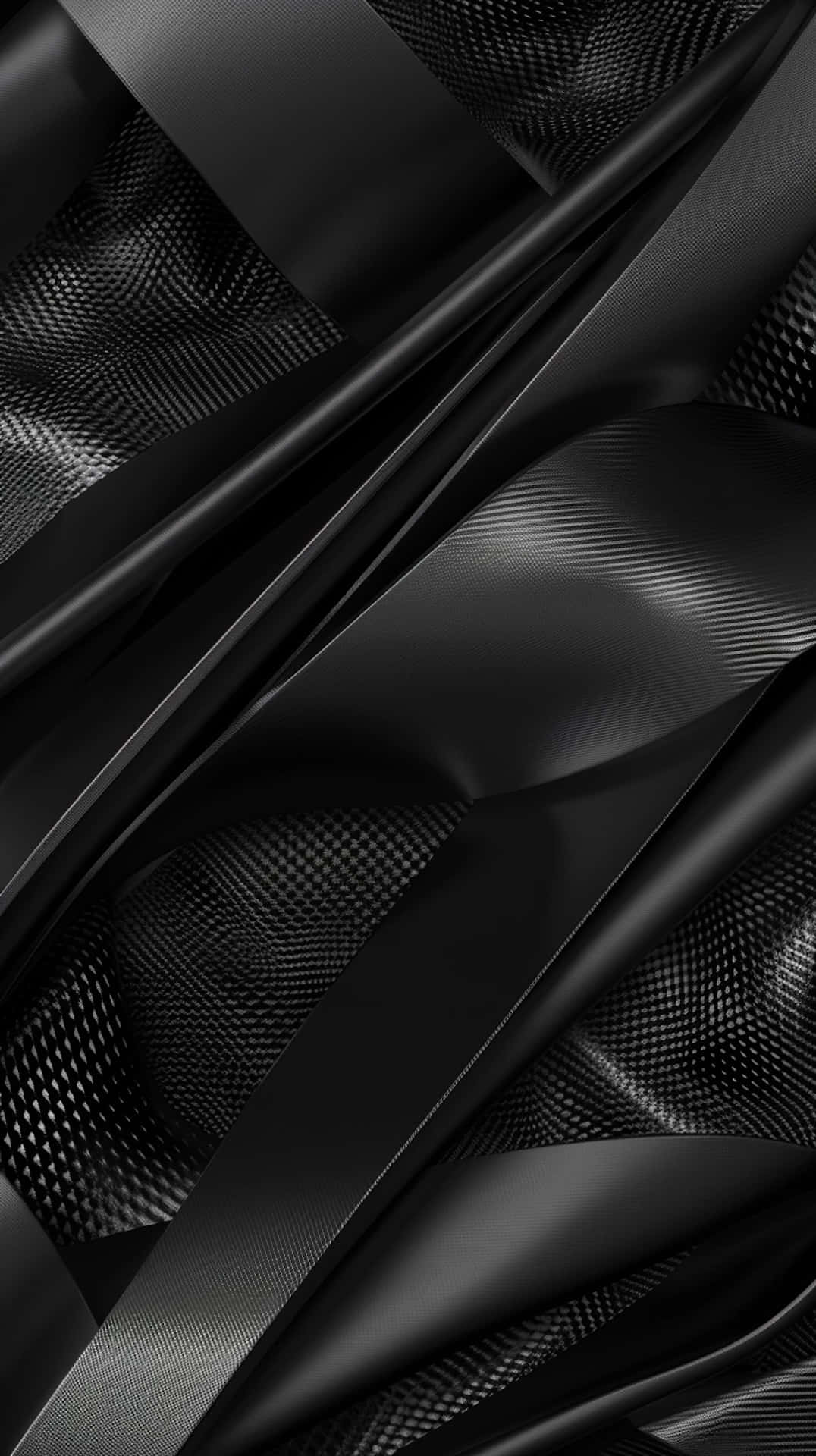 Black iPhone Xr 桌布 壁紙 — 由光澤黑色絲帶和紋理碳纖維面板組成的時尚抽象構圖，呈現動態對角折疊。