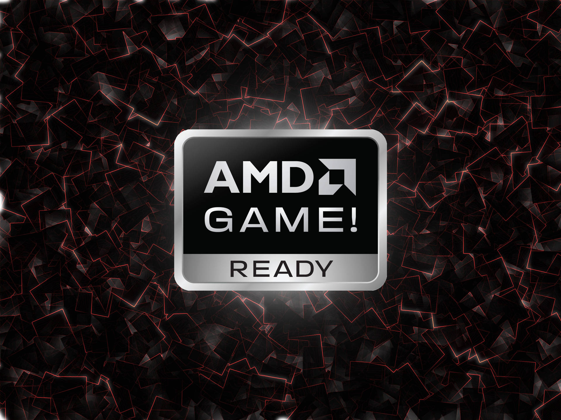 AMD Game Ready 壁紙 — 一個時尚的AMD Game Ready標誌居中在黑暗碎片背景上，帶有發光的紅色邊緣。