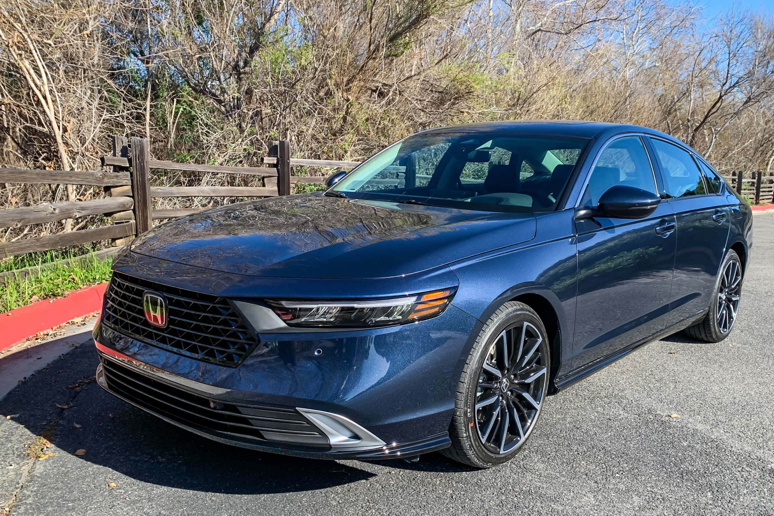 Honda Accord 桌布 壁紙 — 一輛時尚的藍色本田轎車停在瀝青路上，旁邊是木柵欄和光禿禿的樹木，在明亮的日光下。