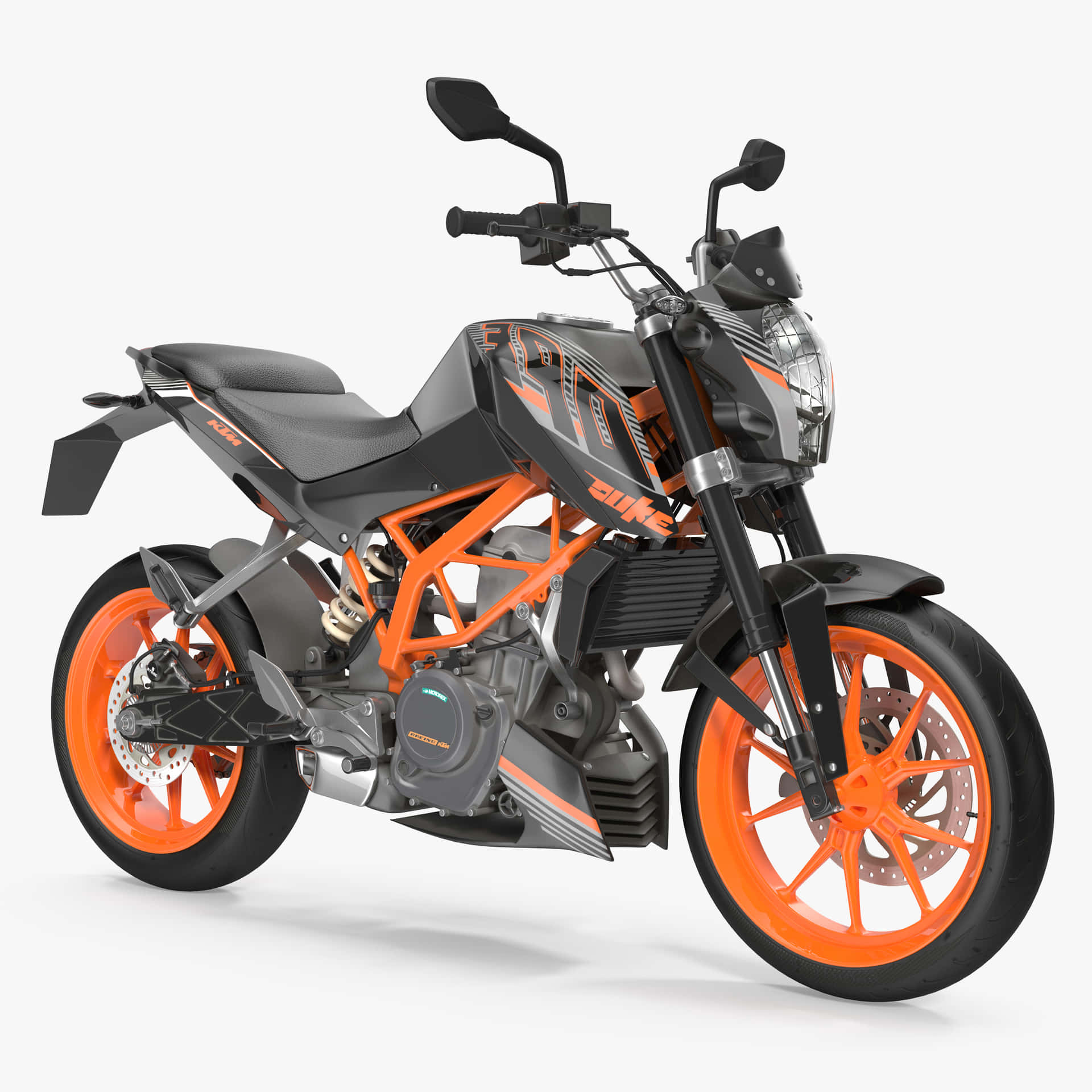 強勁的 Duke 390 機車 壁紙 — 一輛時尚的KTM Duke電單車，帶有鮮豔的橙色點綴和黑色車架，在潔白的背景前蓄勢待發。