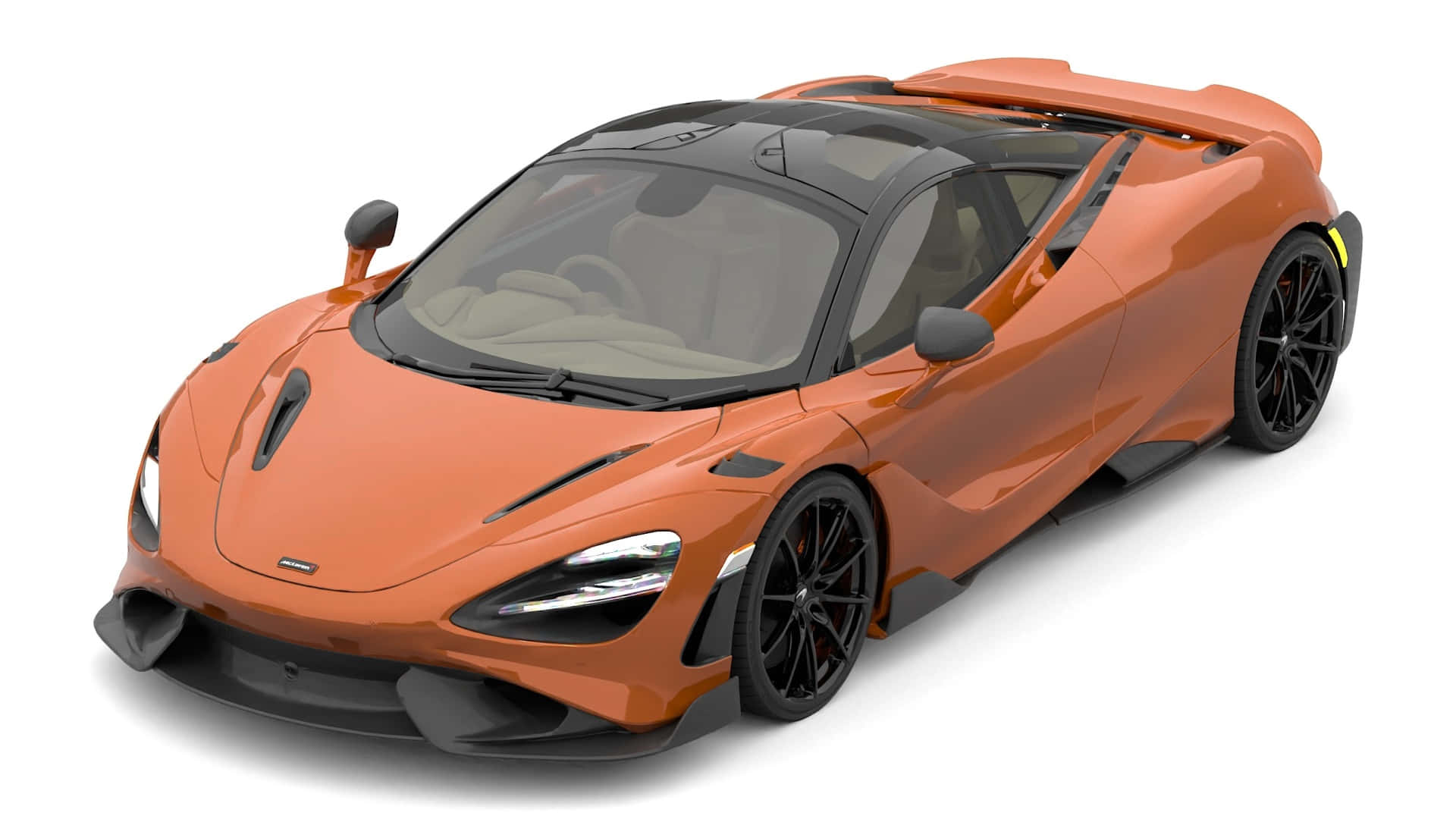 Mclaren 765lt 桌布 壁紙 — 一輛時尚的橙色McLaren Senna跑車，帶有黑色飾邊和透明車頂，在乾淨的白色背景上展示。