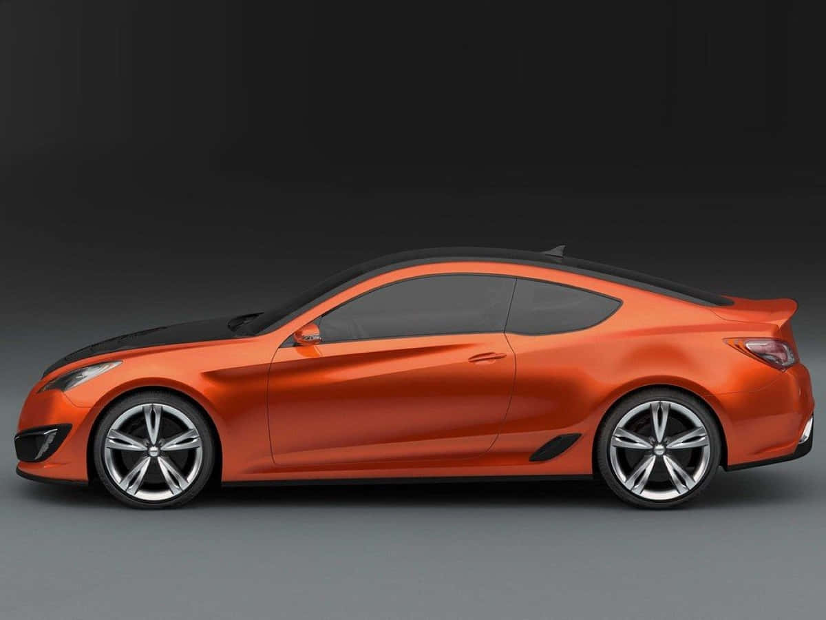 Hyundai Genesis 桌布 壁紙 — 一輛時尚的橙色跑車，帶黑色車頂和銀色輪圈，在深色工作室背景下以側面輪廓展示。