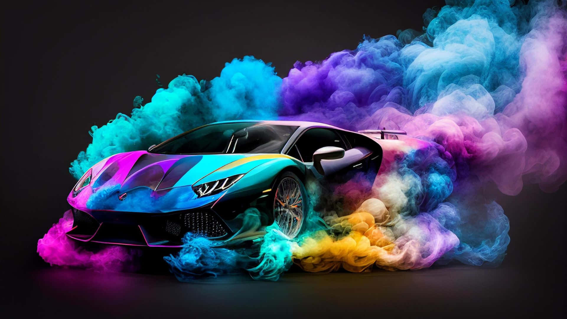  壁紙 — 一輛時尚跑車在充滿戲劇性照明的攝影棚中，從鮮豔的霓虹煙霧中衝出。