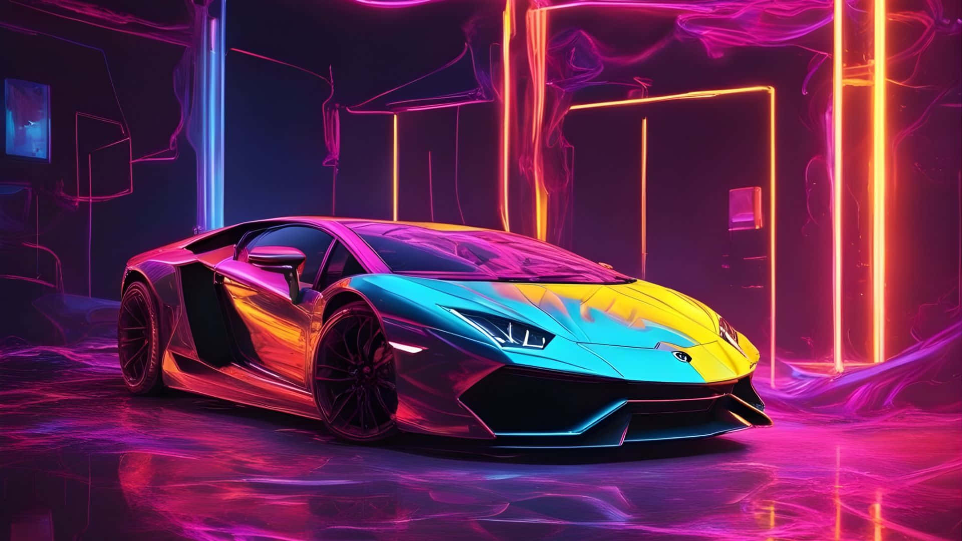  壁紙 — 一輛時尚跑車在充滿未來感、發光的車庫中，在充滿活力的霓虹燈下閃耀著電光粉紅和橙色的色調。