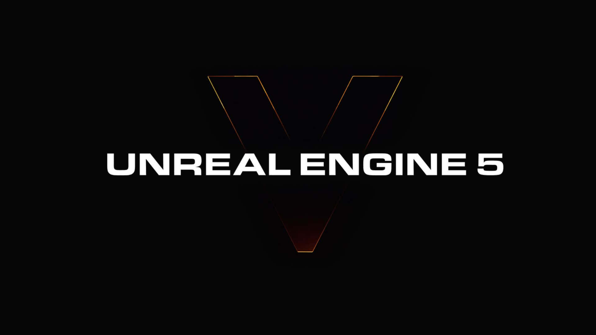  壁紙 — 一個時尚的Unreal Engine 5標誌在純黑色背景上閃爍著金色邊緣。