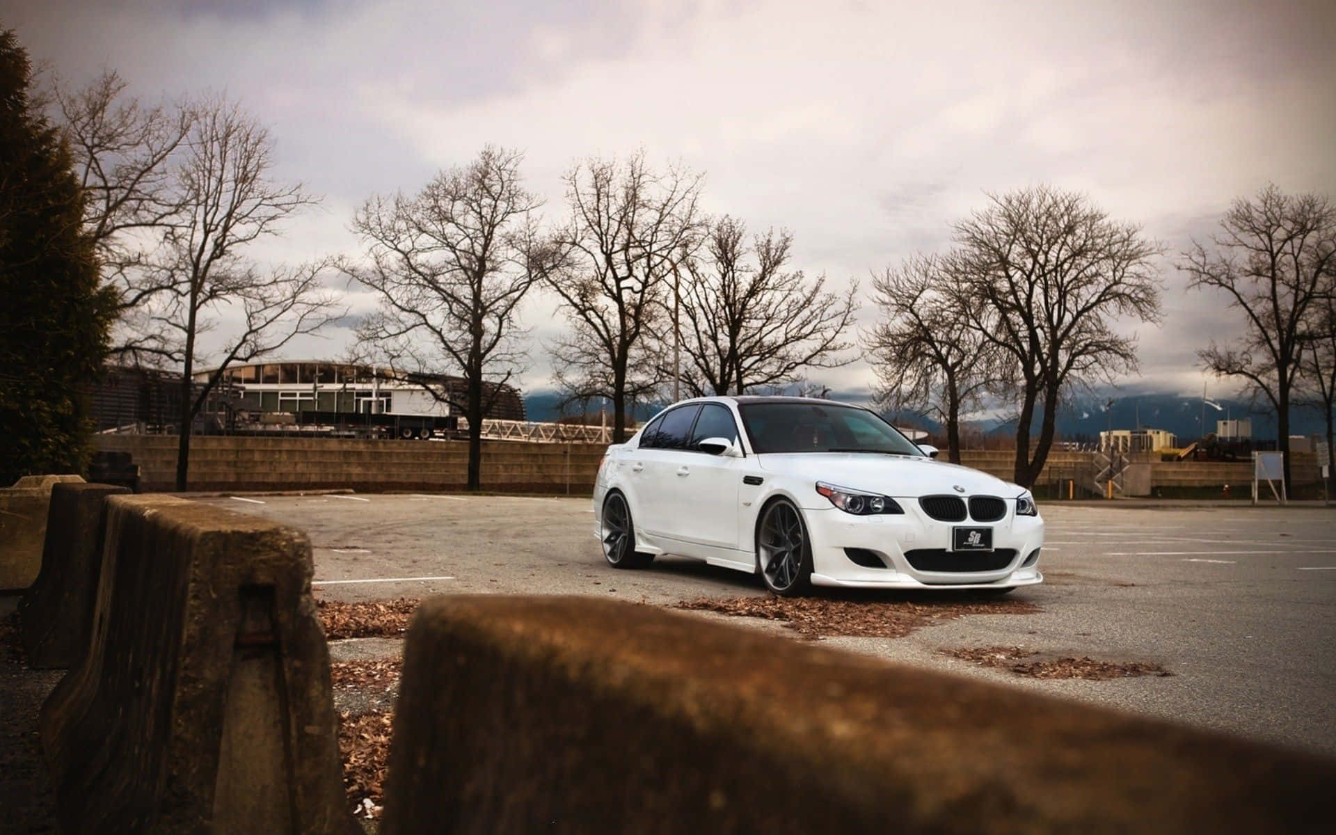 Bmw M5 桌布 壁紙 — 一架時尚的白色寶馬房車停泊在一個空地上，周圍有光禿禿的樹木和遠山，天空多雲。