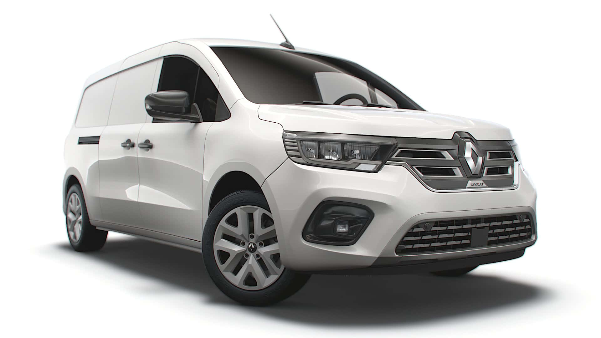 Renault Kangoo 桌布 壁紙 — 一輛時尚的白色雷諾貨車在工作室燈光下展示，線條簡潔，車頭燈現代化。