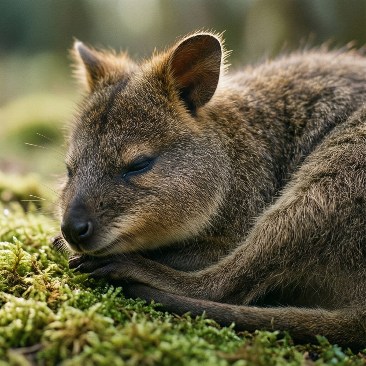 quokka 桌布 壁紙 — 一隻昏昏欲睡的沙袋鼠在陽光明媚的森林空地中，安詳地躺在鮮綠色的苔蘚上休息。