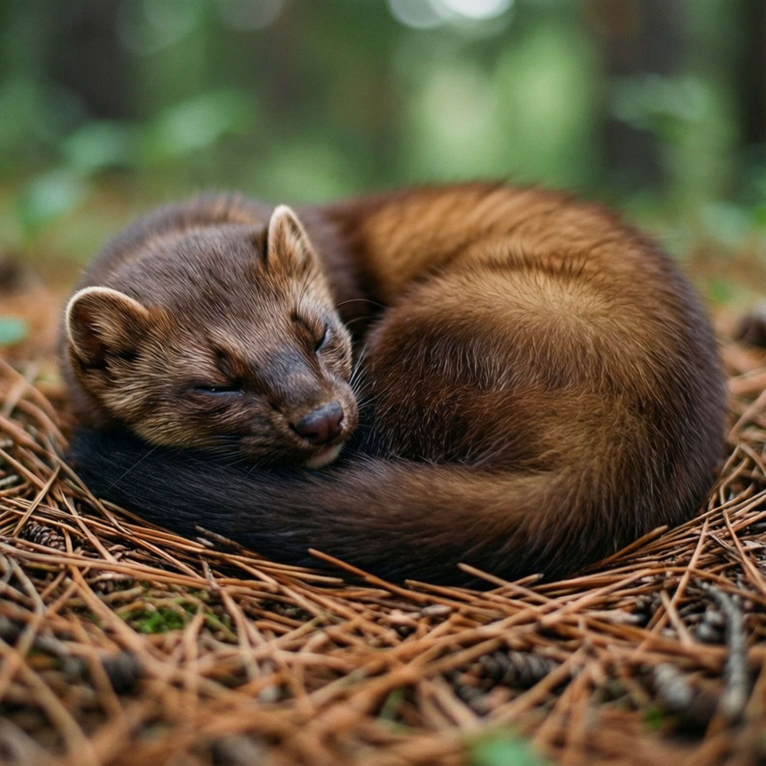 Marten 桌布 壁紙 — 一隻昏昏欲睡的鼬鼠蜷縮在松針巢中，位於柔軟的綠色森林樹冠下。