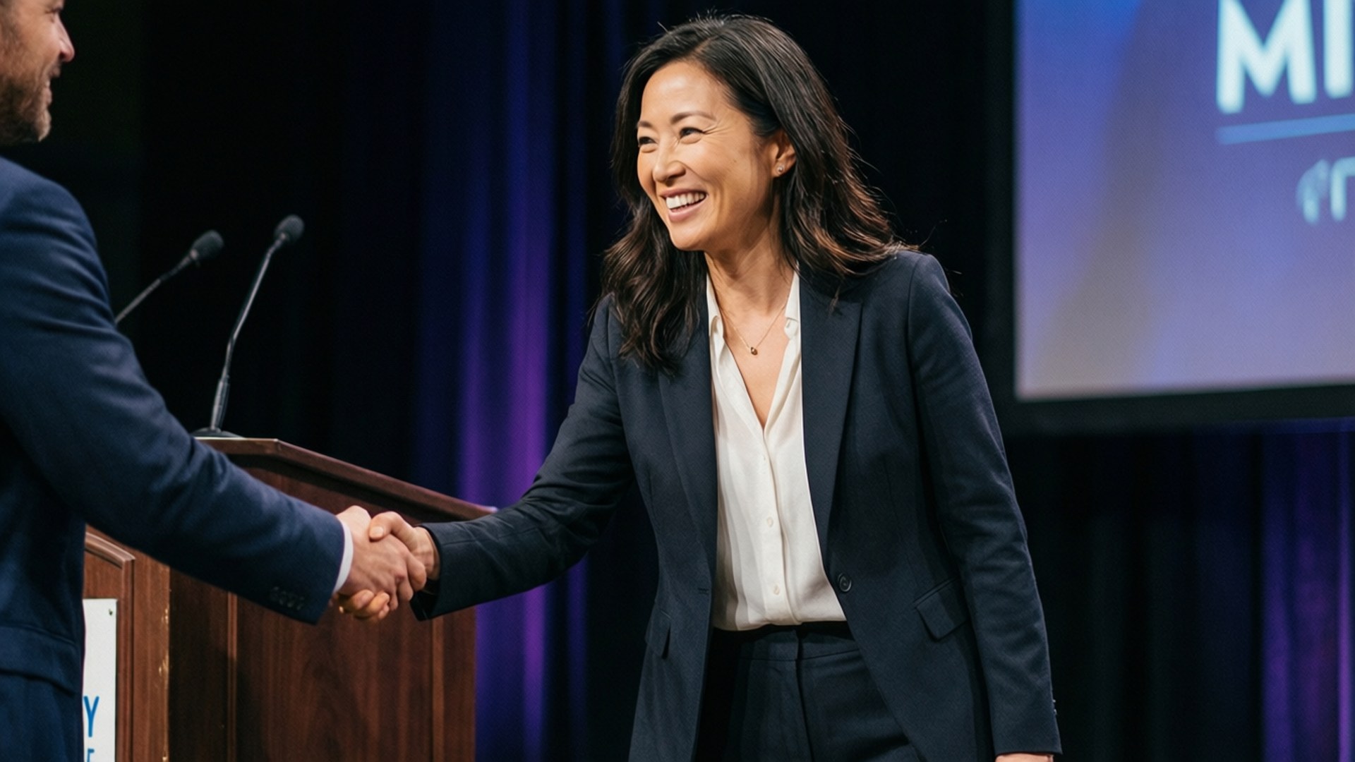 julie chen 桌布 壁紙 — 一位微笑的女士身穿深色西裝外套，在舞台燈光下與一位男士在木製講台上握手。