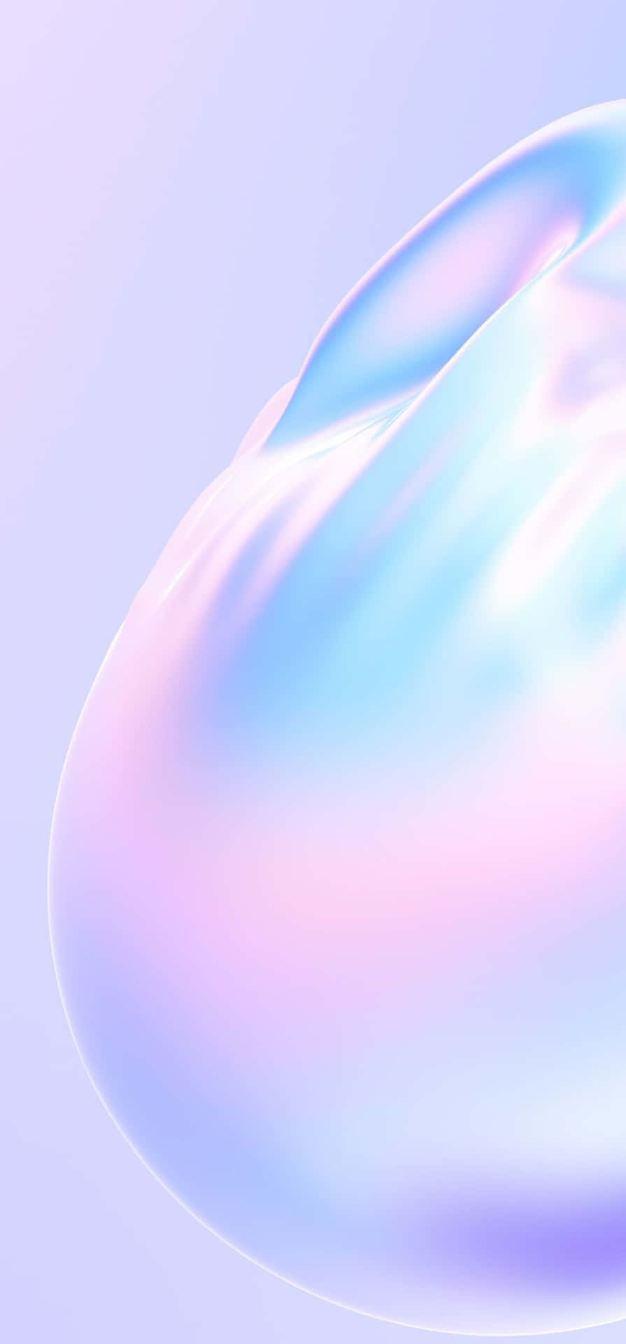  壁紙 — 光滑的彩虹色水滴在柔和的薰衣草背景上優雅地彎曲，帶有發光的柔和色調亮點。