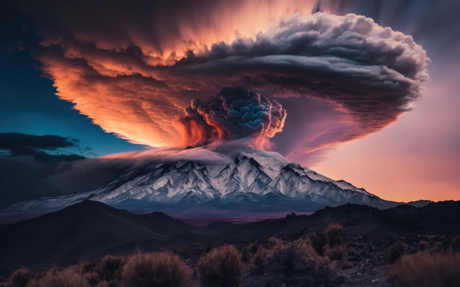 一座被雪覆蓋的火山在暮色天空下噴發出熾熱的灰雲。