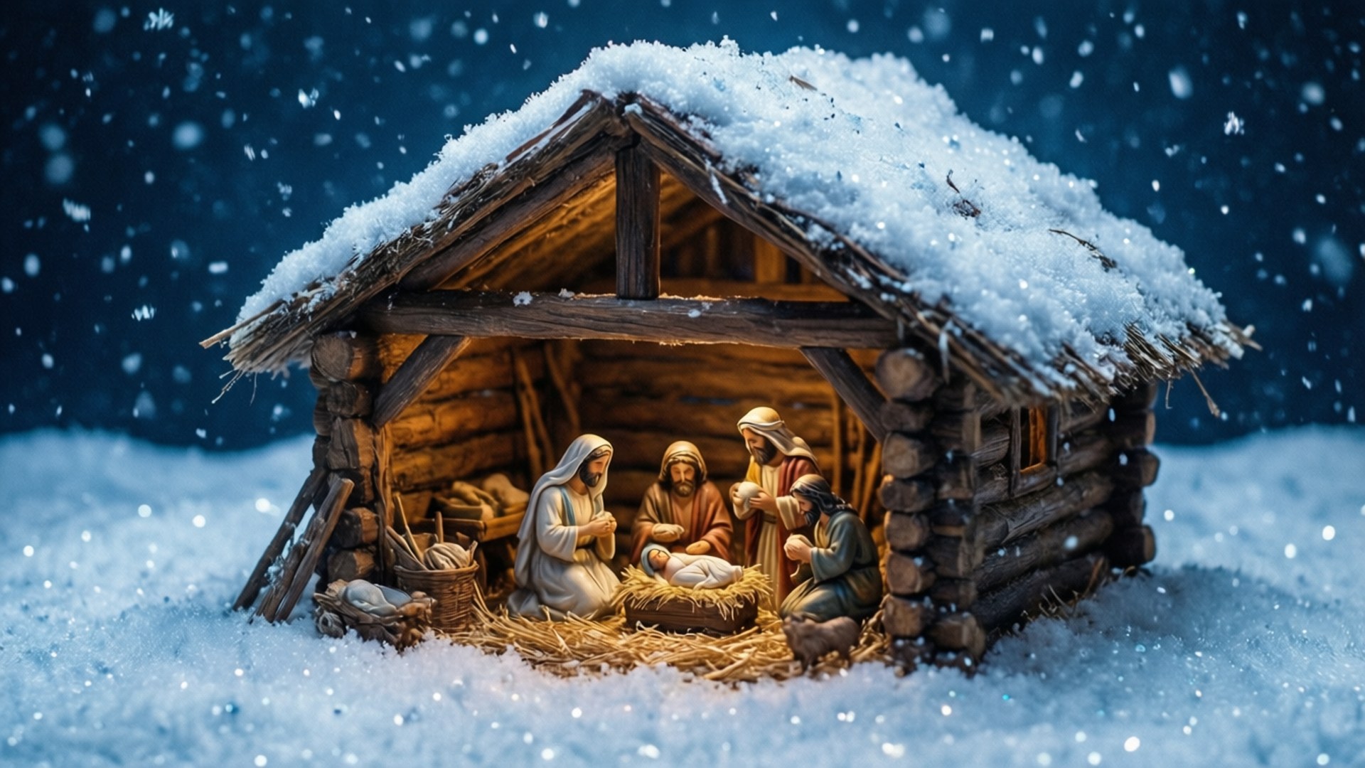 Snowy Nativity Scene 壁紙 — 一個被雪覆蓋的耶穌誕生場景在飄雪中溫暖地發光，瑪利亞、約瑟和天使圍繞著簡陋木馬槽中的嬰兒耶穌。