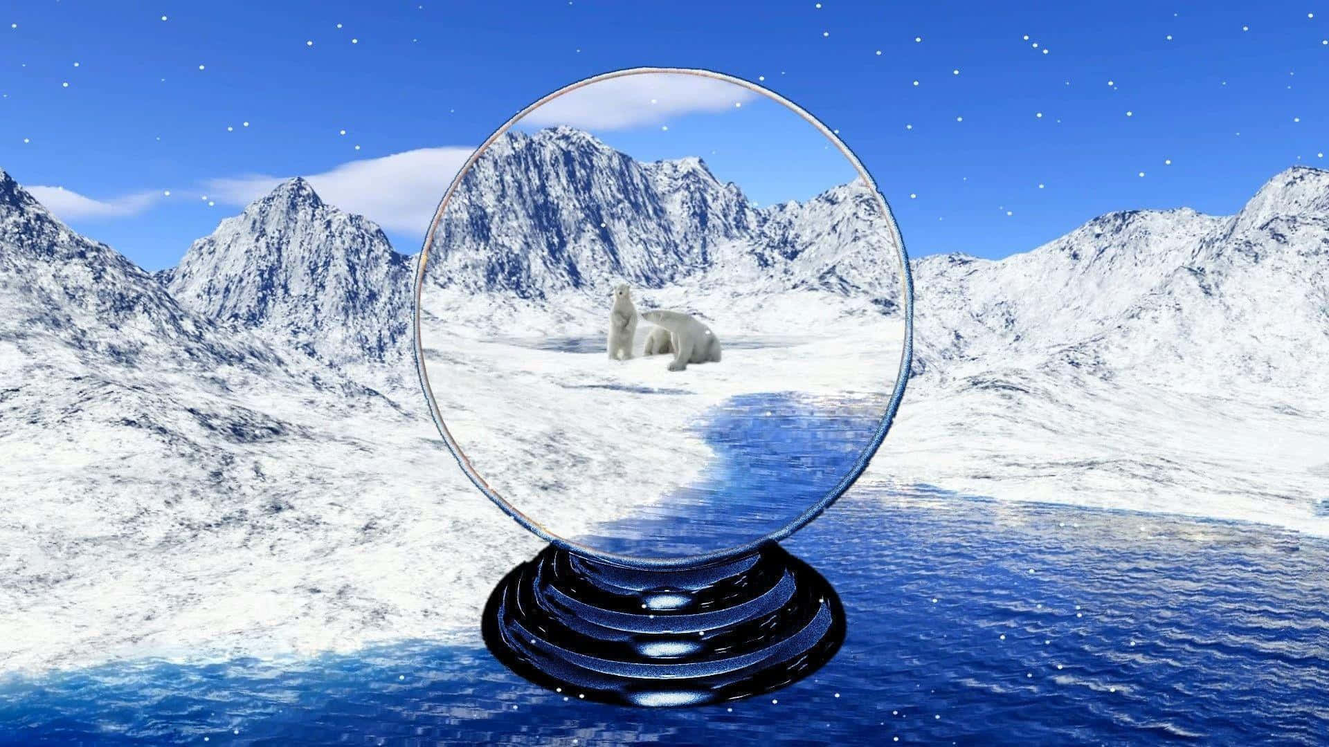  壁紙 — 一個裝有北極熊的雪球放在藍色海洋上，背景是白雪覆蓋的山脈，上方是星空。