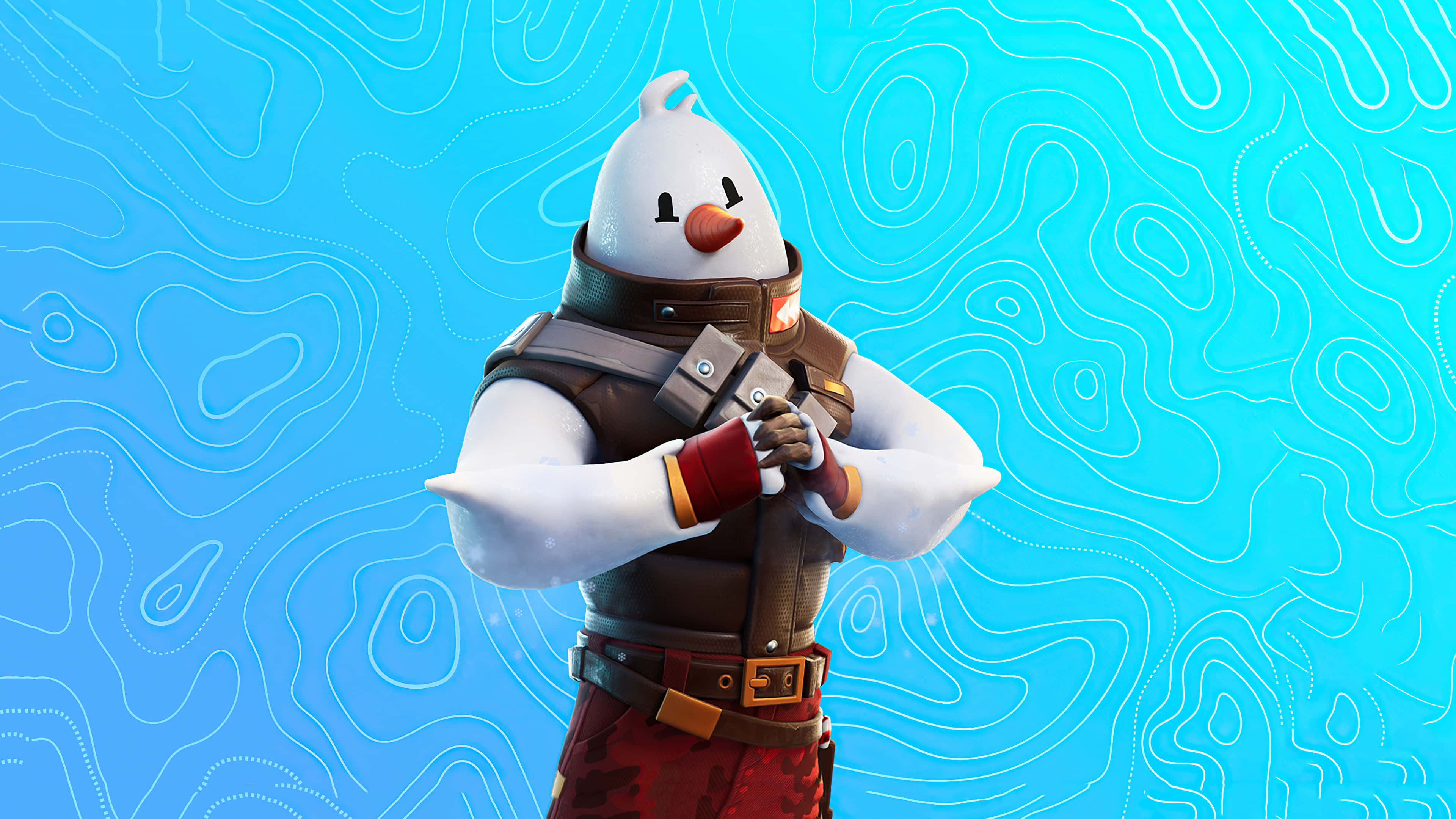 以《Fortnite》Manic 造型提升你的風格 壁紙 — 一個雪人角色穿著遊戲裝備，自信地站在藍色地形圖背景前。