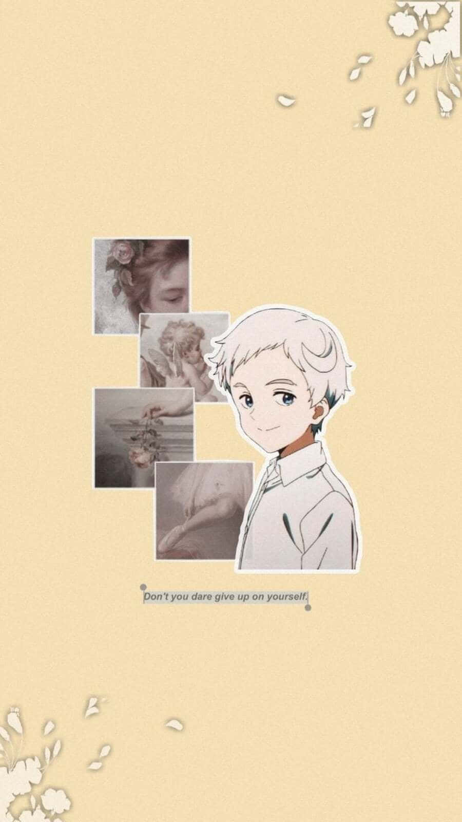 The Promised Neverland Norman 桌布 壁紙 — 柔軟的米色牆紙上，有一個微笑的白髮動漫男孩，旁邊是復古風格的相片拼貼和花卉裝飾。