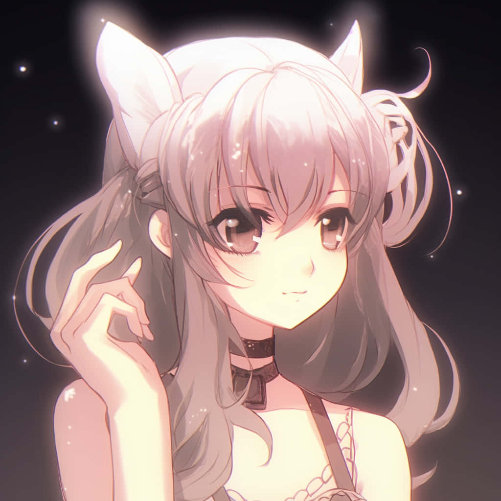  壁紙 — 一個擁有貓耳和長髮的動漫女孩，在繁星點點的夜空下柔和發光，輕輕微笑。