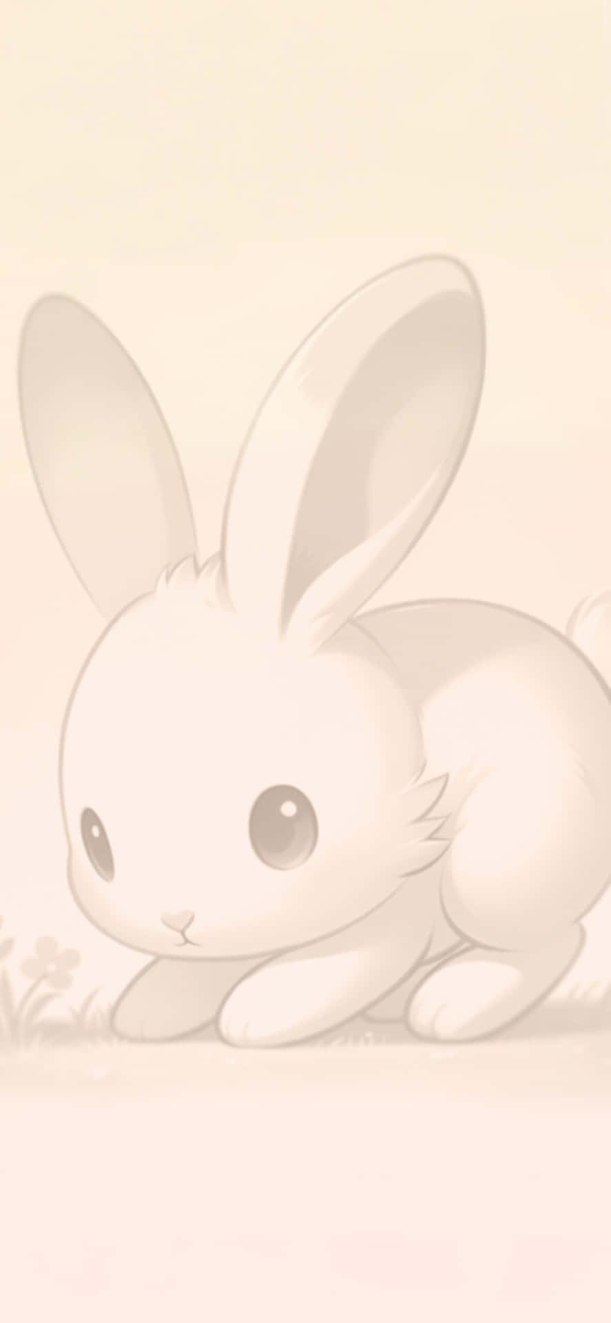  壁紙 — 一幅柔和粉彩插圖，描繪一隻可愛的白兔蹲伏在溫柔的田野中，帶有細膩的花卉細節。
