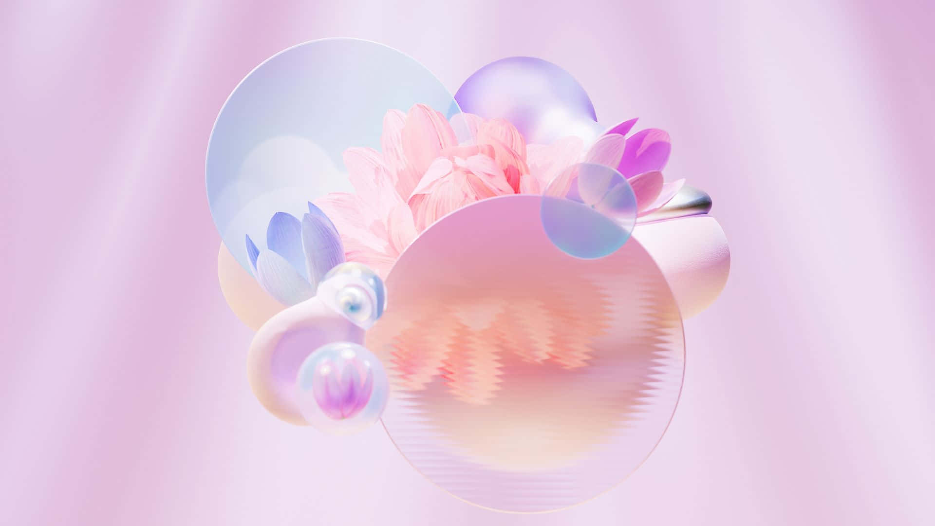  壁紙 — 一朵柔和的粉紅蓮花在半透明球體和發光球體之間綻放，背景為粉彩漸變色。