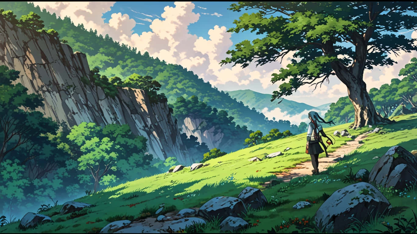 一個長著藍色長髮的人，在一個多山的風景中，在一棵大樹下的草地上行走。