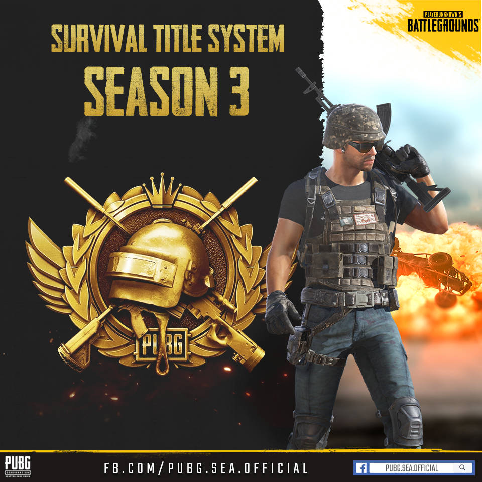 PUBG Season 3生存標題系統標誌，附有士兵和爆炸。