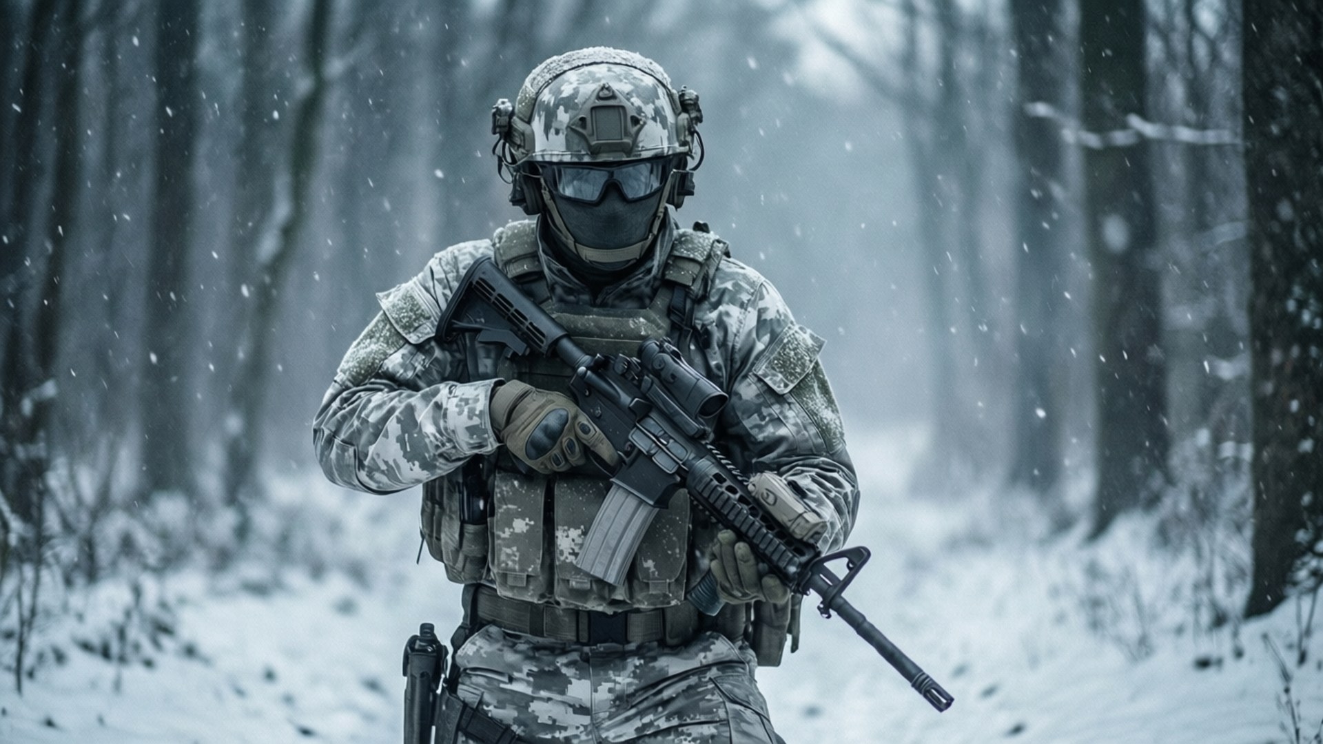 一名身穿冬季裝備的士兵在雪地森林中持步槍。