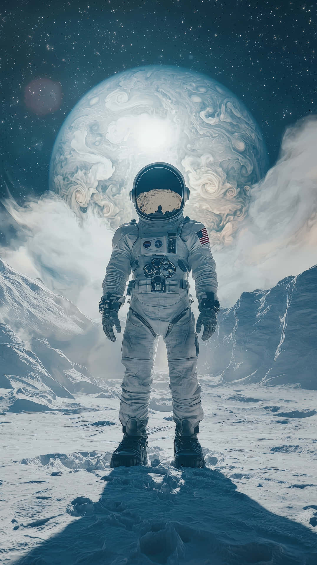 身穿白色太空衣的太空人站在雪地上，上方是巨大的旋轉行星。