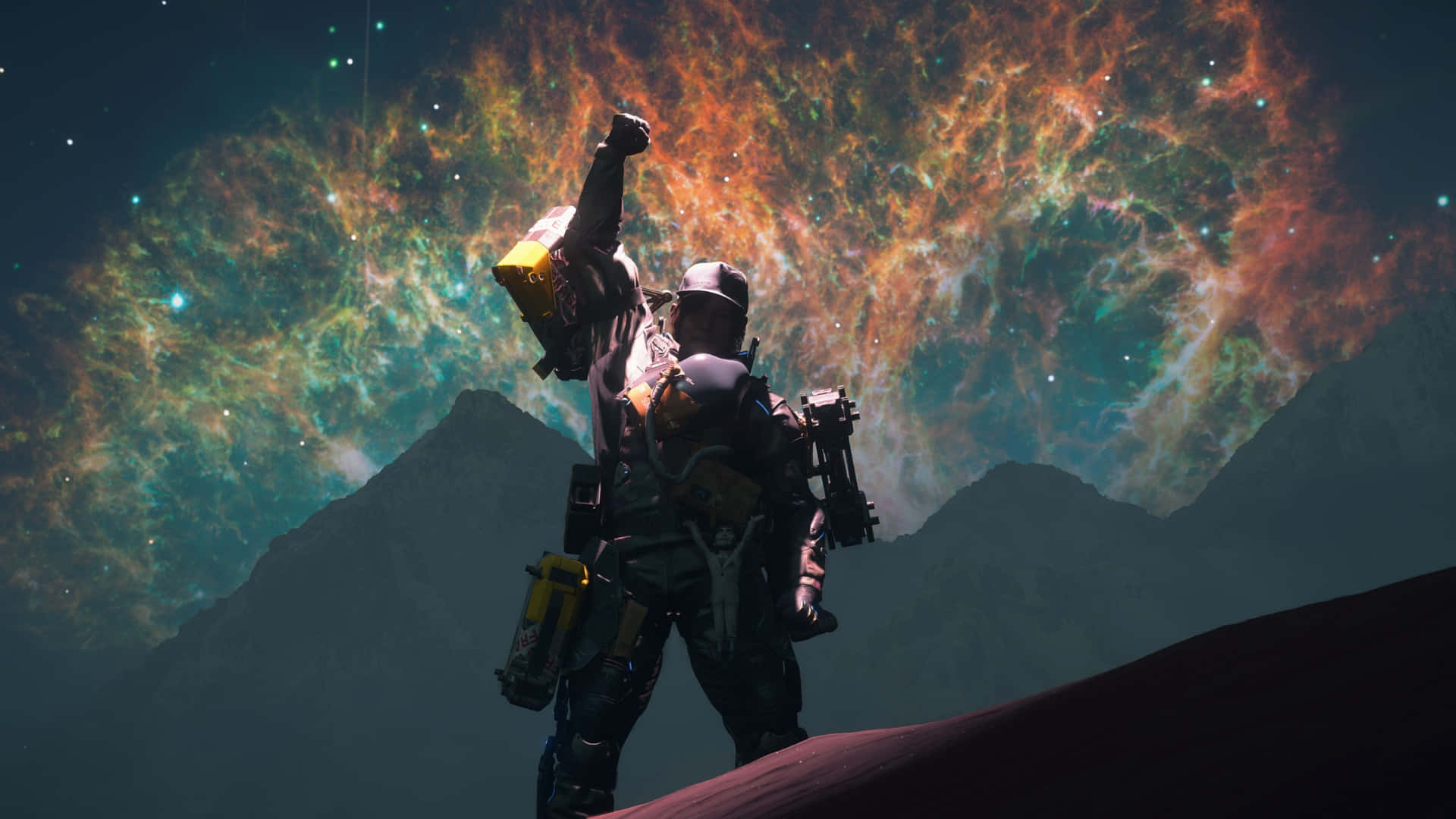  壁紙 — 一位身穿盔甲的太空探險家，在充滿活力的宇宙星雲下，於山頂上勝利地舉起拳頭。