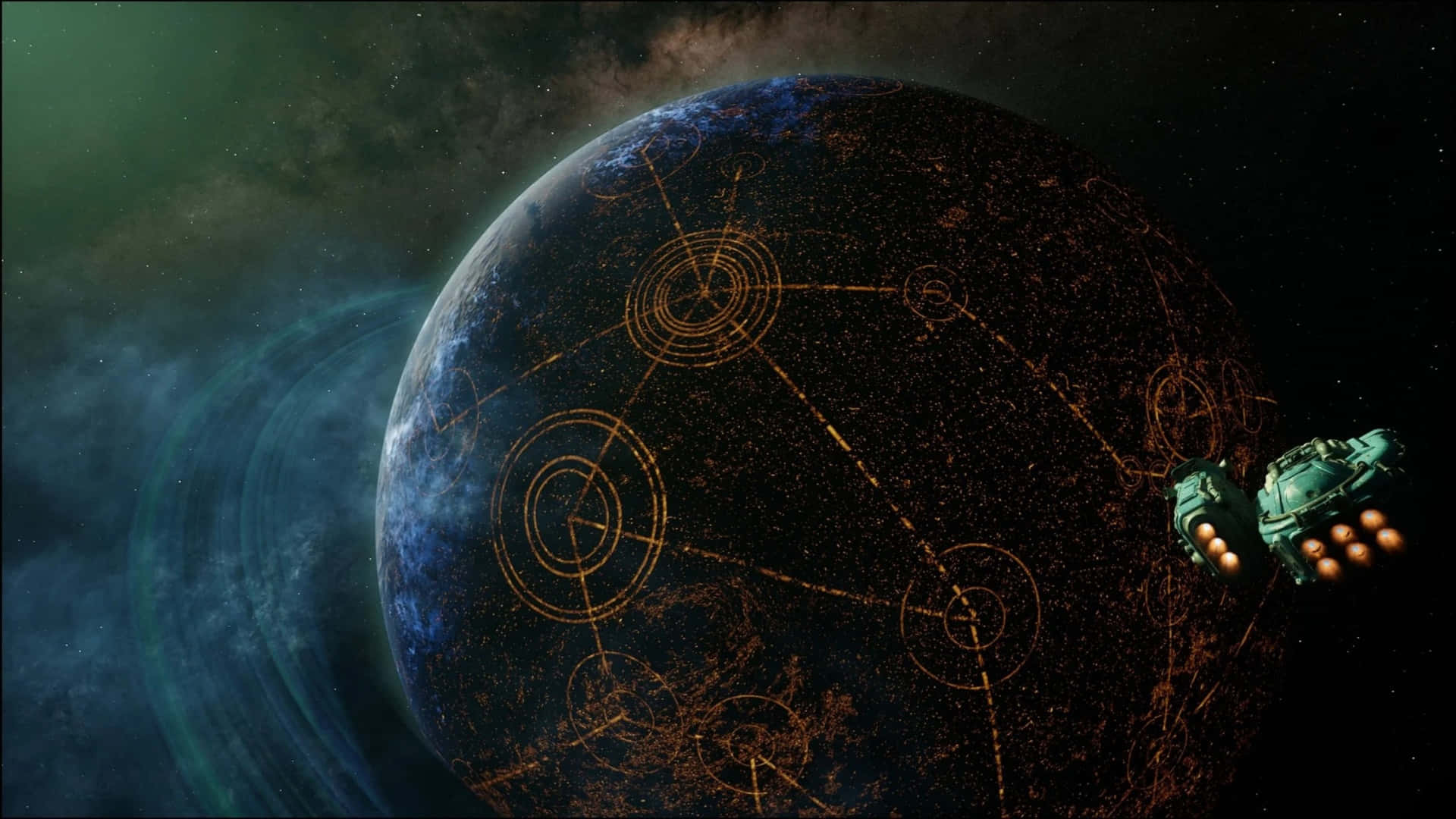  壁紙 — 一艘太空船環繞一顆黑暗行星運行，該行星帶有發光的橙色圓形圖案，宇宙背景中有一團旋轉的綠色星雲。