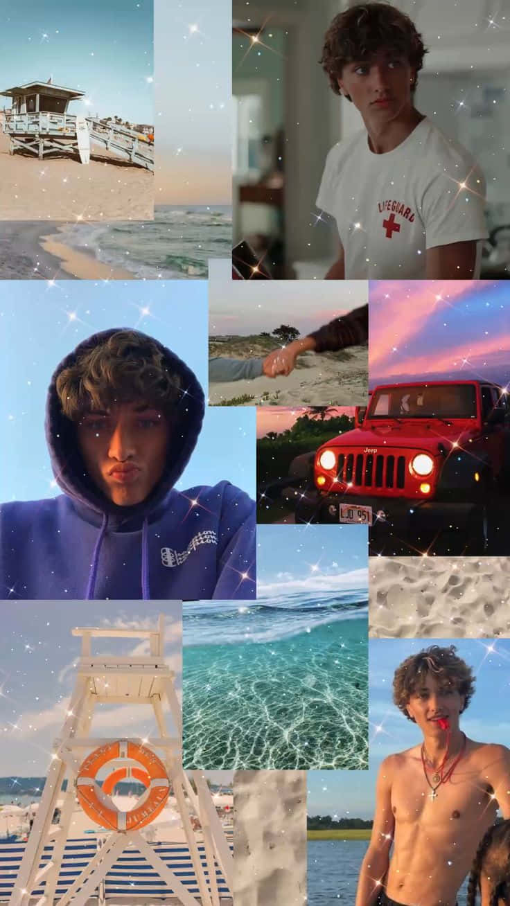  壁紙 — 閃爍的海灘拼貼畫， featuring 救生塔、海浪和夏日場景中的年輕男子。