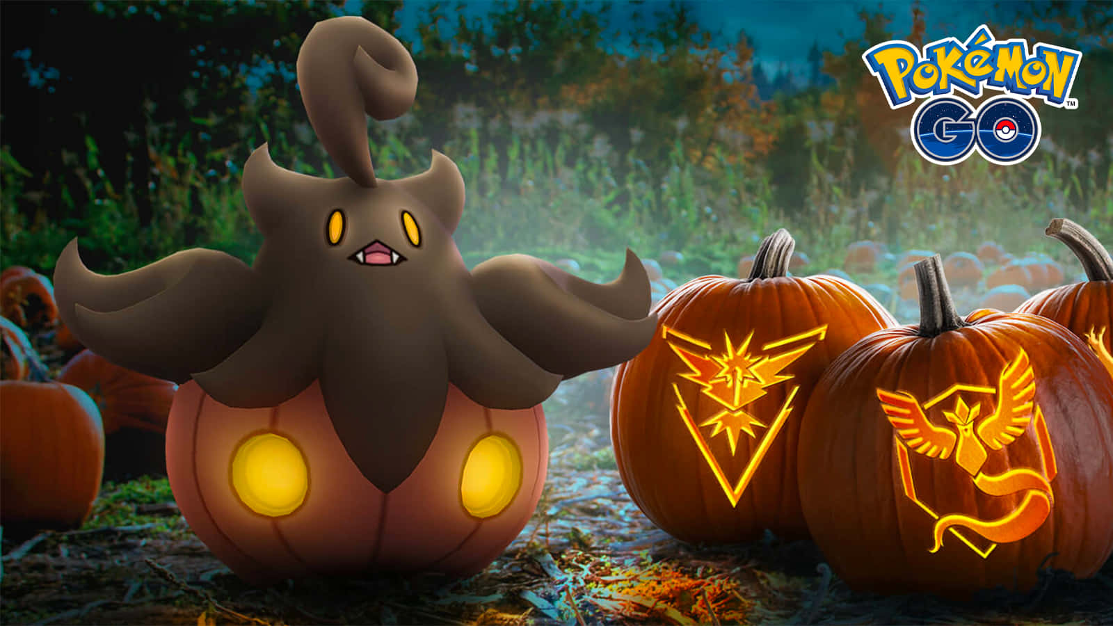 Pokemon 桌布 壁紙 — 一個詭異的萬聖節場景，發光的南瓜中冒出一個幽靈般的寶可夢，周圍環繞著雕刻有發光寶可夢符號的南瓜。