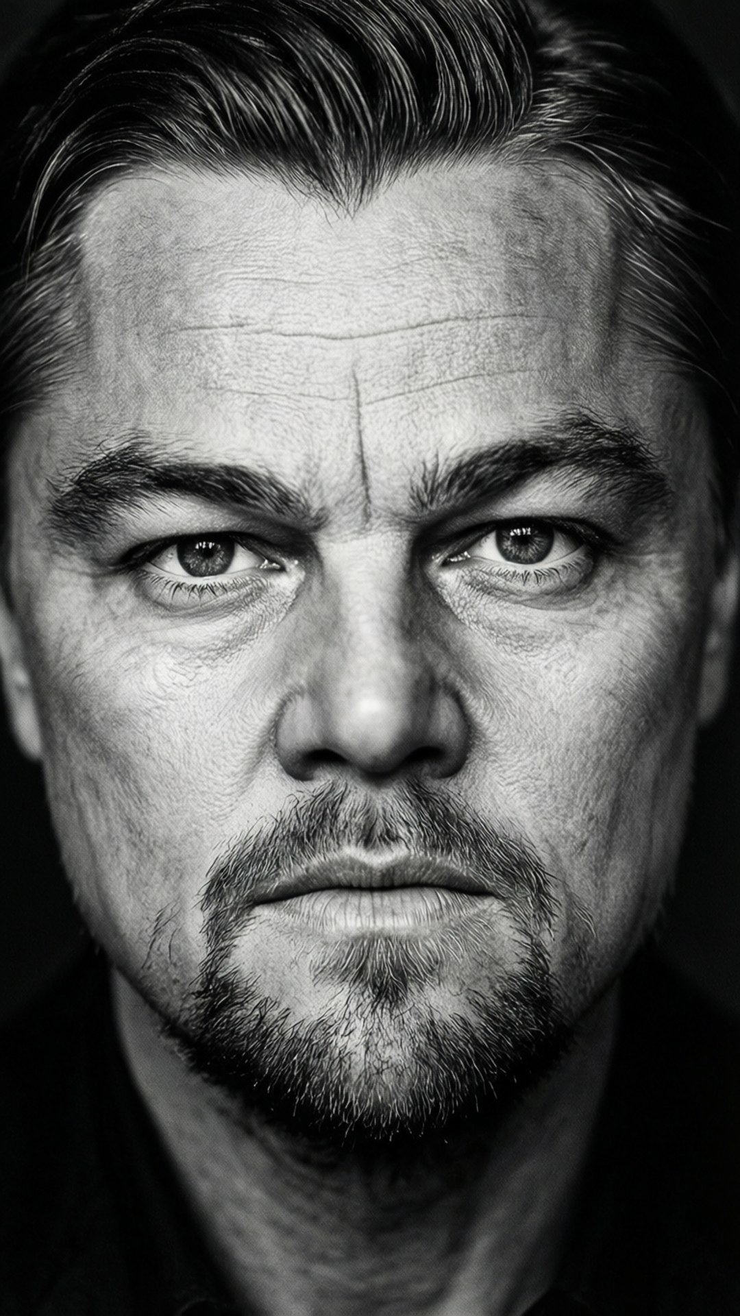 Leonardo Dicaprio 桌布 壁紙 — 里安納度狄卡比奧的強烈黑白特寫肖像，帶有銳利的眼神和嚴肅的表情。