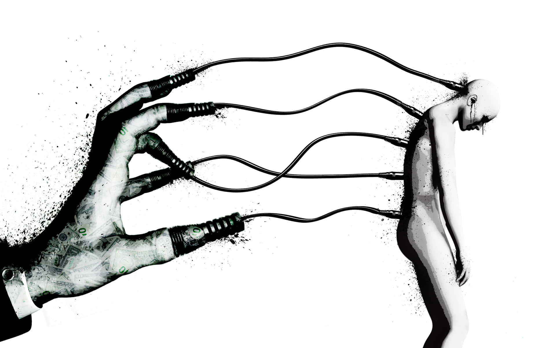  壁紙 — 一幅鮮明的黑白插圖，描繪一隻手將電纜插入人形，象徵數位控制或連接。