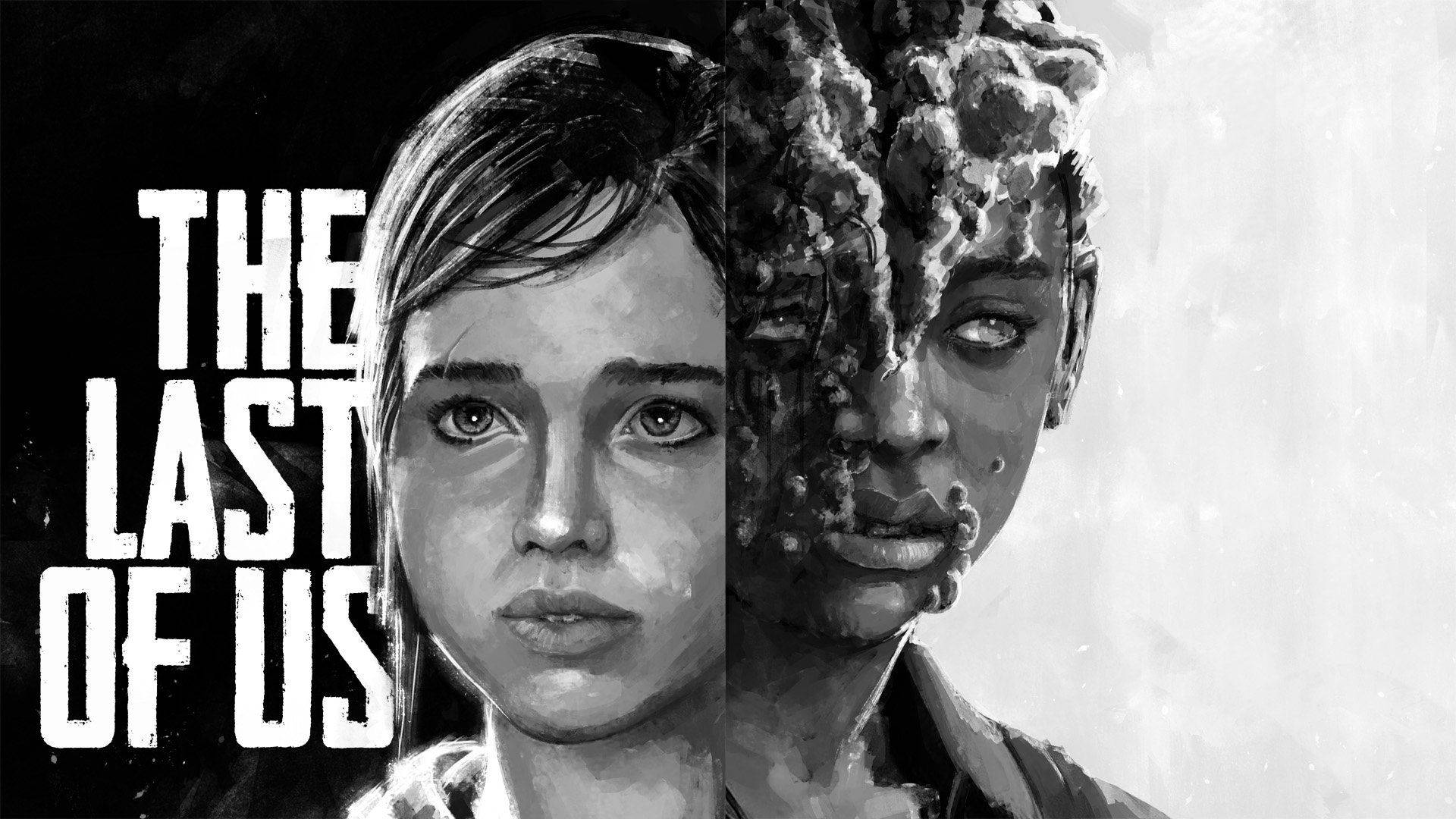 女孩和腐爛人形生物的分割圖片，來自遊戲 The Last of Us。