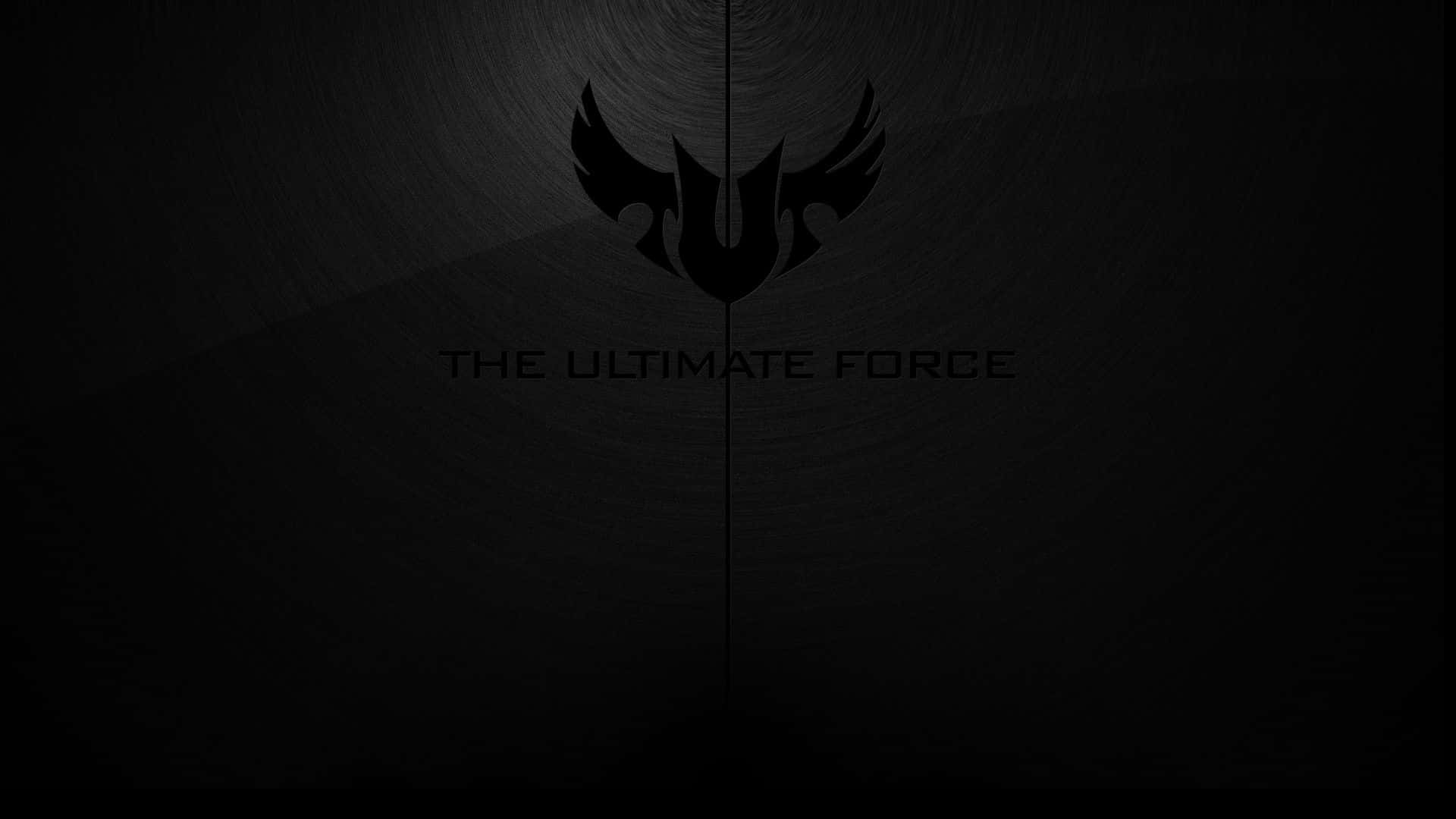  壁紙 — 一個鮮明的黑色標誌，帶有翅膀剪影和文字「THE ULTIMATE FORCE」，背景為微帶紋理的深色。