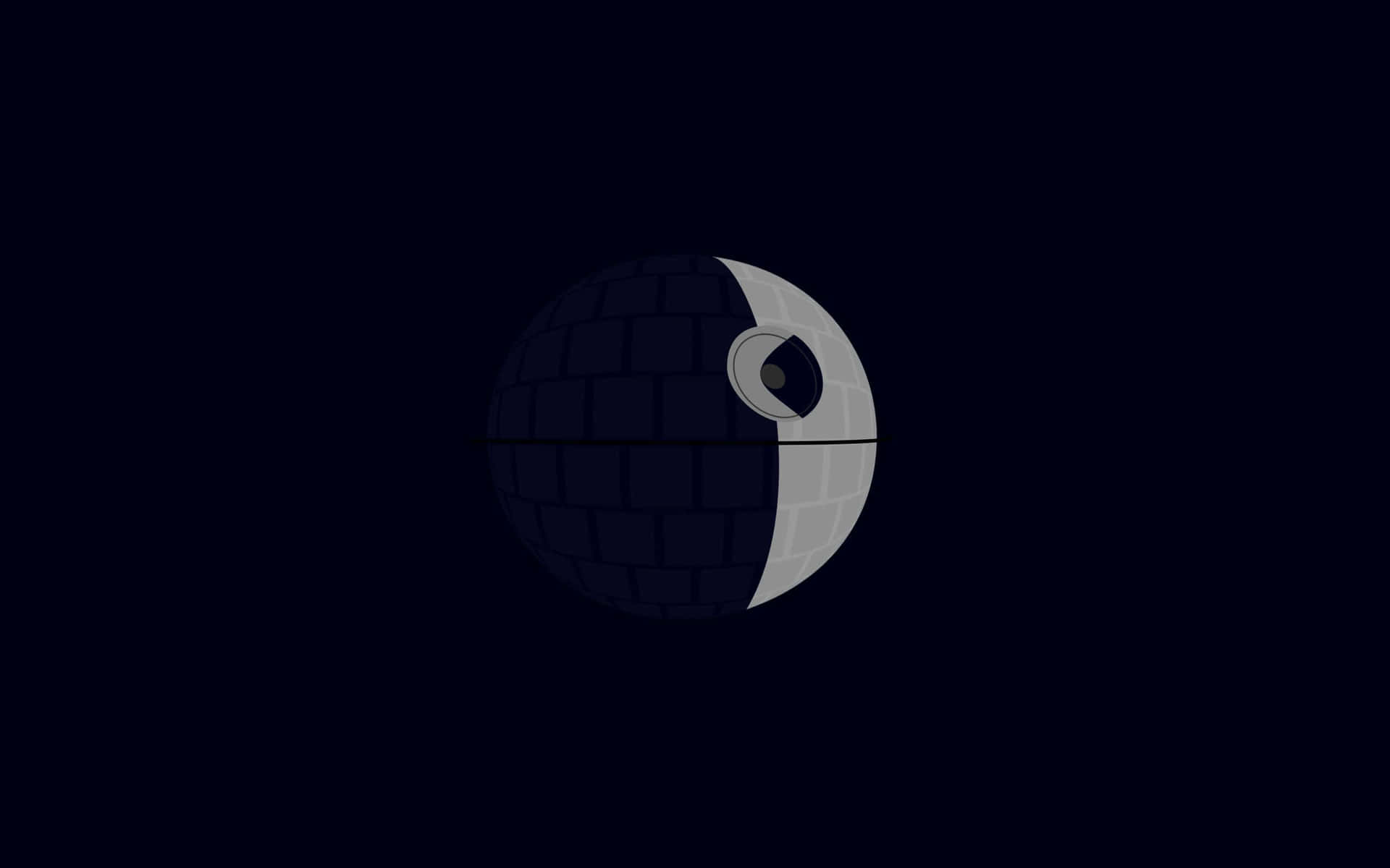  壁紙 — 來自《星球大戰》的簡潔死星在深邃太空中漂浮，背景是黑色虛空，並有一道發光的超級激光。
