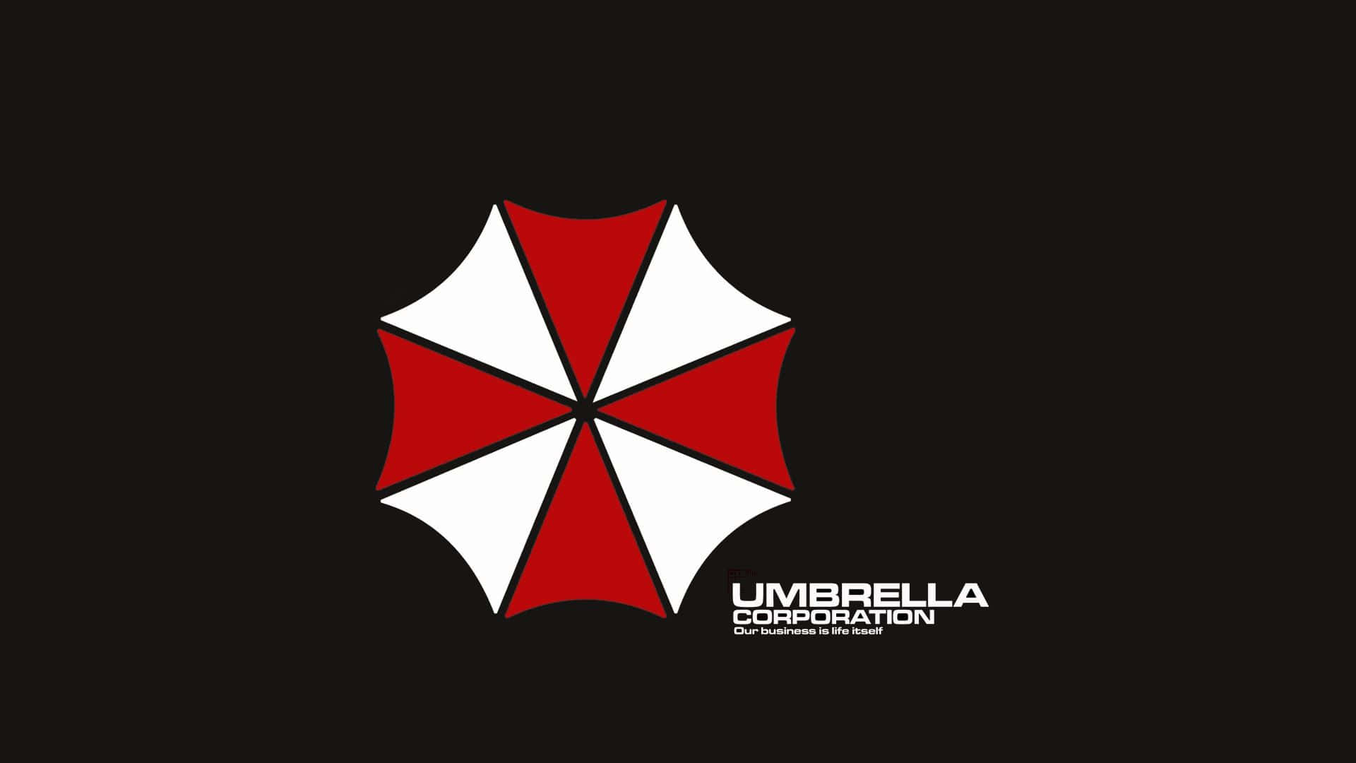  壁紙 — 一個鮮明的紅白雨傘標誌居中在黑色背景上，白色文字寫著 Umbrella Corporation 和 Our business is life itself.