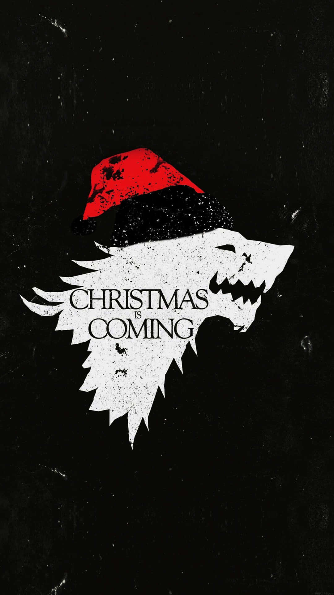 冰原狼戴聖誕帽，附文字 Christmas is Coming