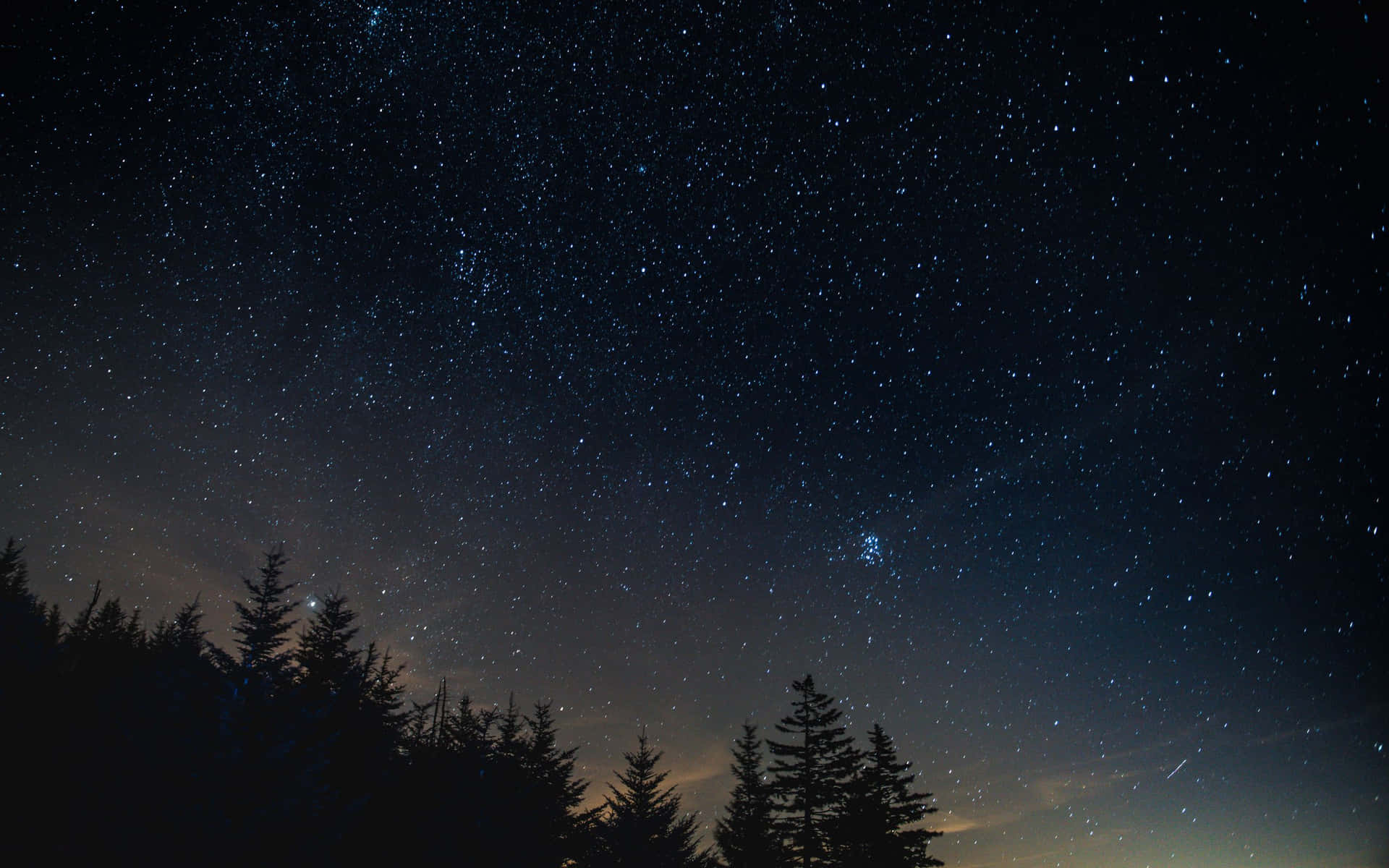  壁紙 — 繁星點點的夜空，淡淡的銀河在深藍色漸變背景上，拱形跨越黑暗的松樹剪影。