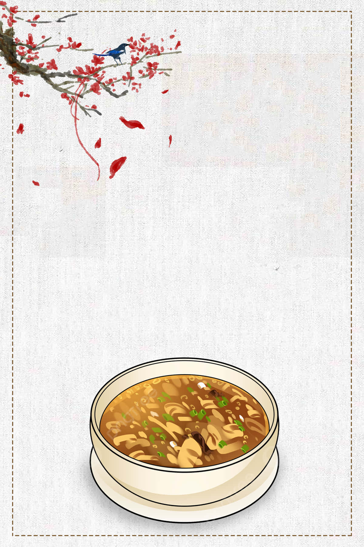 Soup 桌布 壁紙 — 一碗冒煙的湯，上面有蔥花，放在一枝紅花枝下，枝上有一隻藍色小鳥。