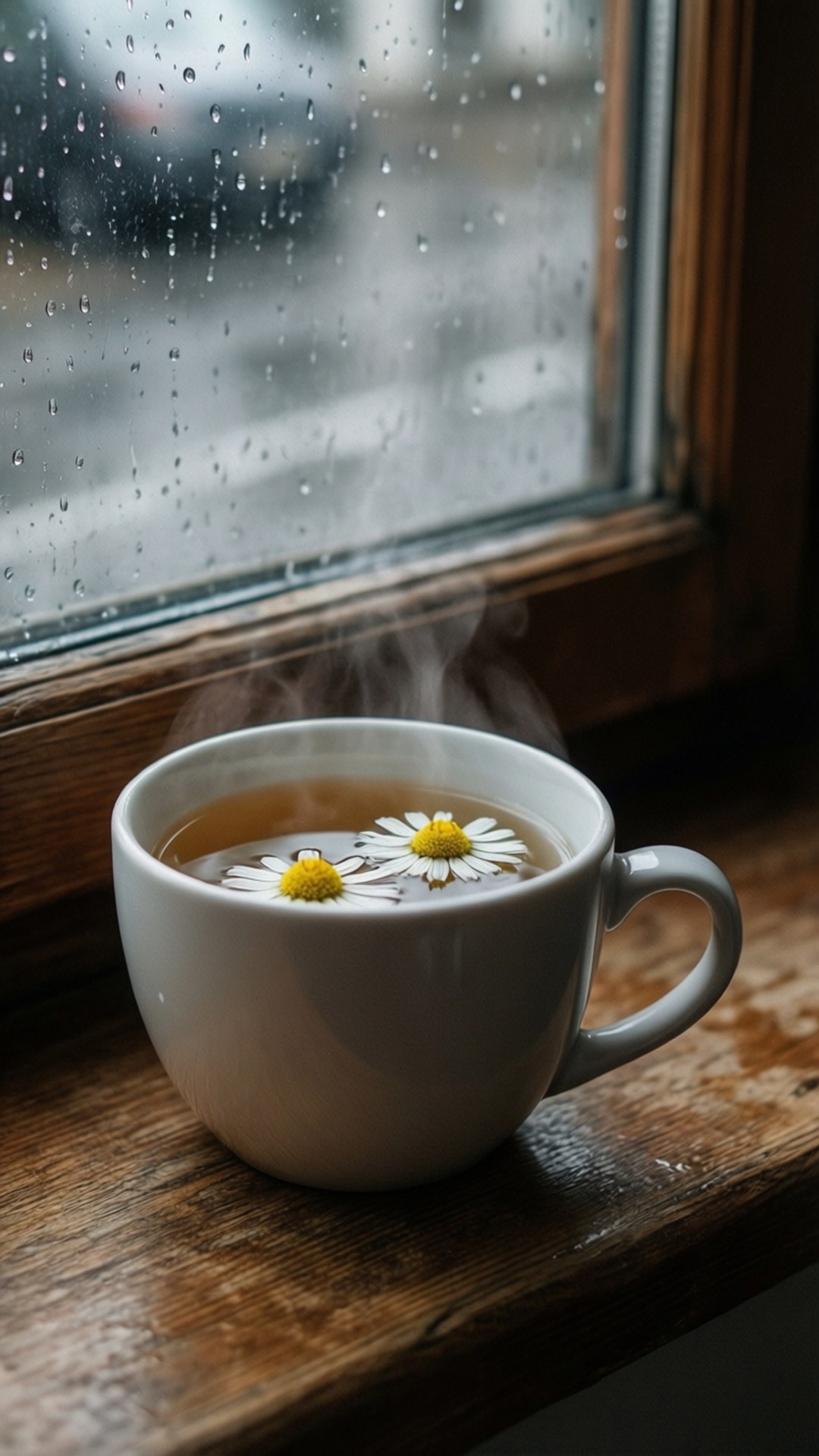 熱洋甘菊花茶配雛菊，裝在白色馬克杯中，放在雨天的窗台上。