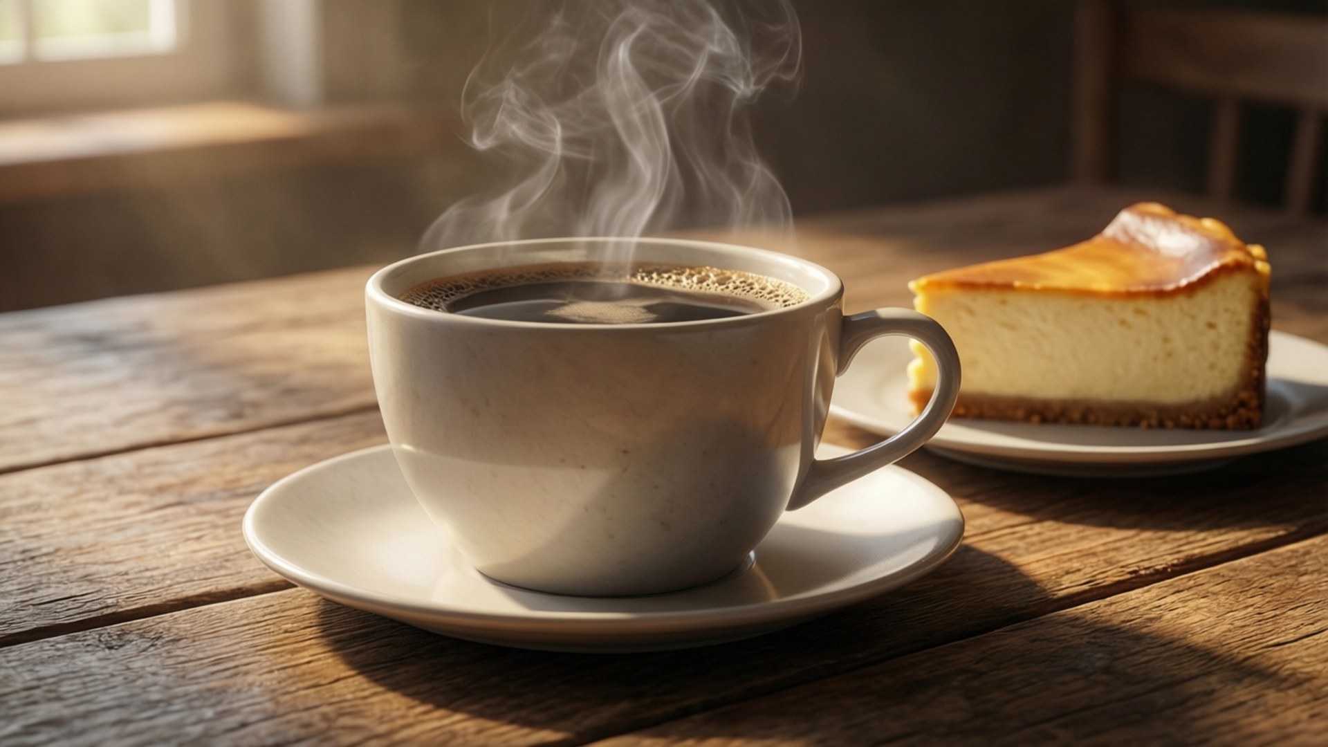 Morning Coffee Cake 壁紙 — 一杯冒煙的咖啡和一件芝士蛋糕放在陽光照射的木桌上。