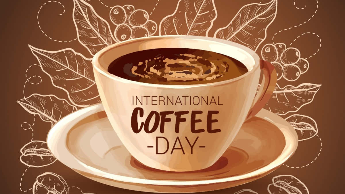  壁紙 — 一杯冒煙的咖啡，帶有「International Coffee Day」文字，周圍環繞著咖啡豆和葉子，採用溫暖的棕色素描風格。
