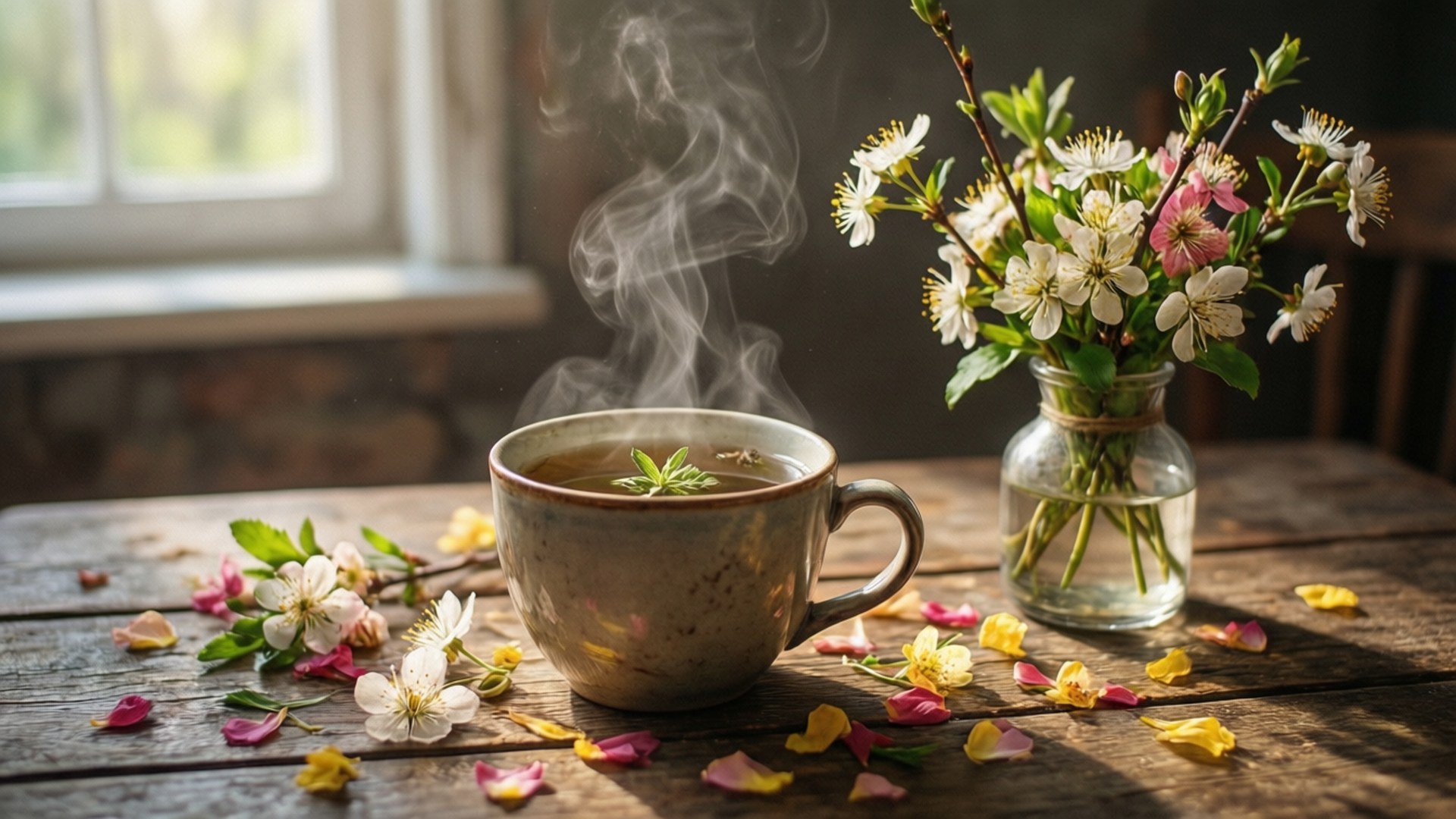 四月 桌布 壁紙 — 一杯冒煙的草本茶放在質樸的木桌上，旁邊有一瓶鮮花和散落的花瓣，沐浴在柔和自然光中。