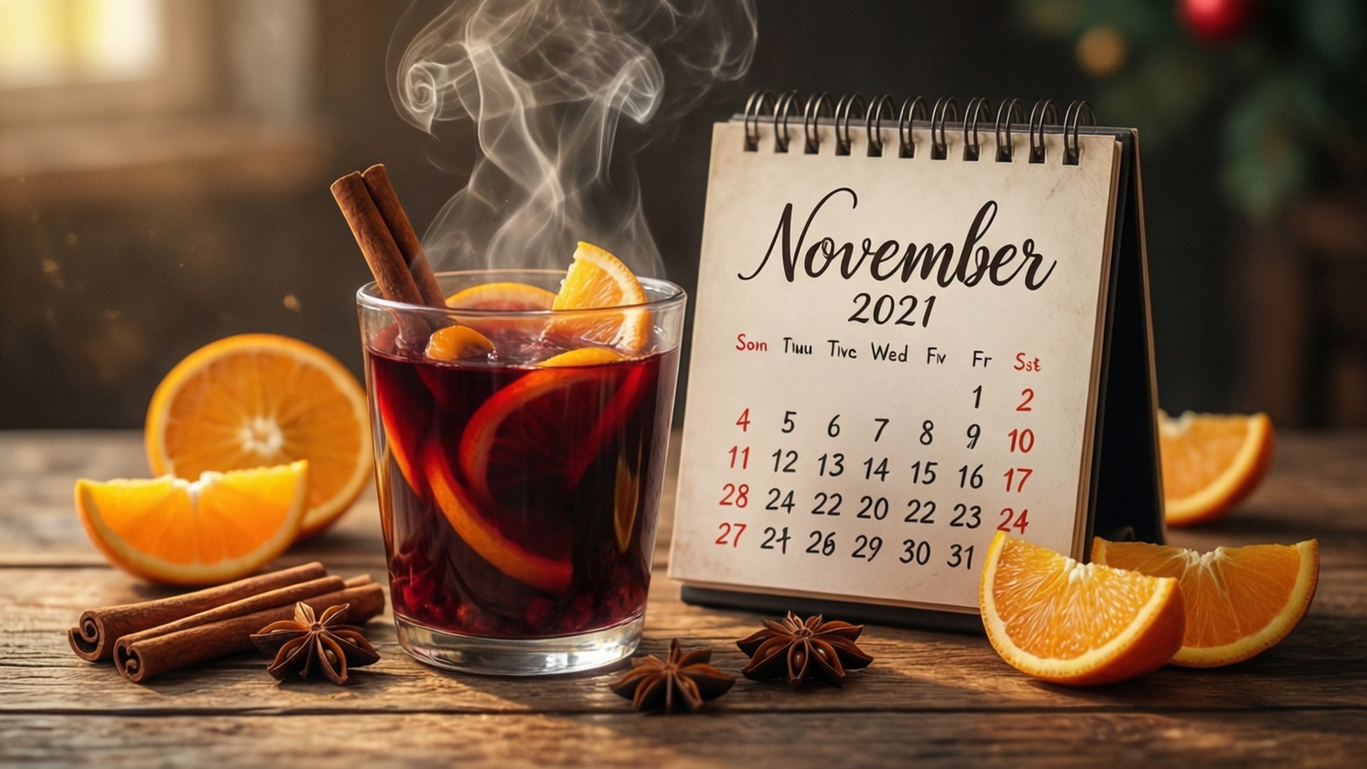 Mulled Wine November 壁紙 — 一杯冒著熱氣的香料熱紅酒，配以橙片和肉桂棒，放在一張質樸的木桌上，旁邊是2021年11月的日曆。